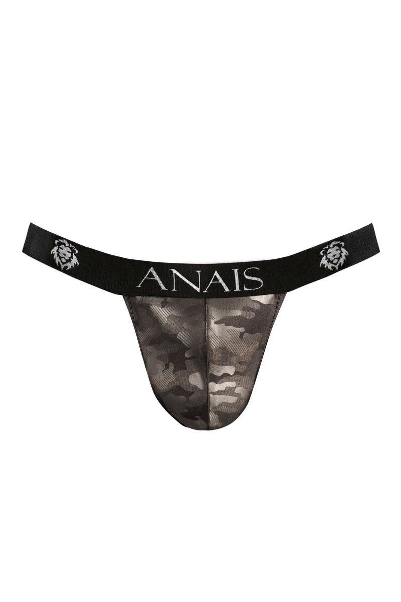 String Herren Jock Strap in schwarz aus blickdichtem Stoff mit camouflage Pri