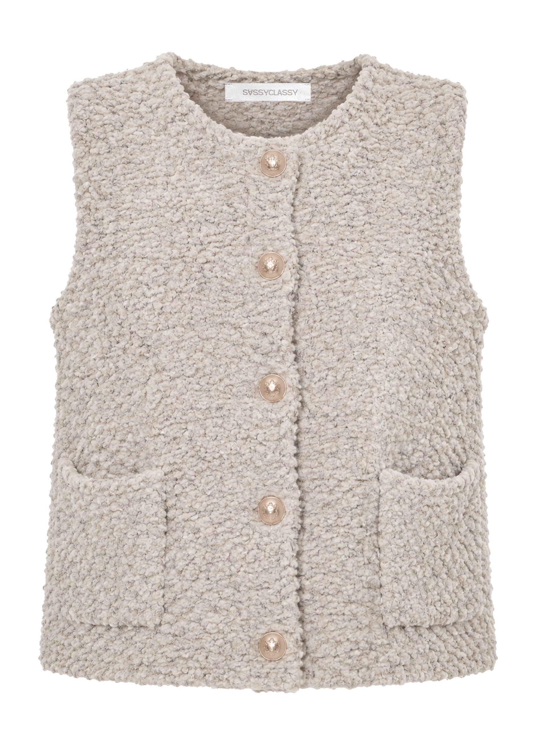 SASSYCLASSY Kurzweste Bouclé-Weste mit aufgesetzten Taschen für Damen Weiche Weste mit goldfarbenen Knöpfen Hellgrau – Bild 3 von 5