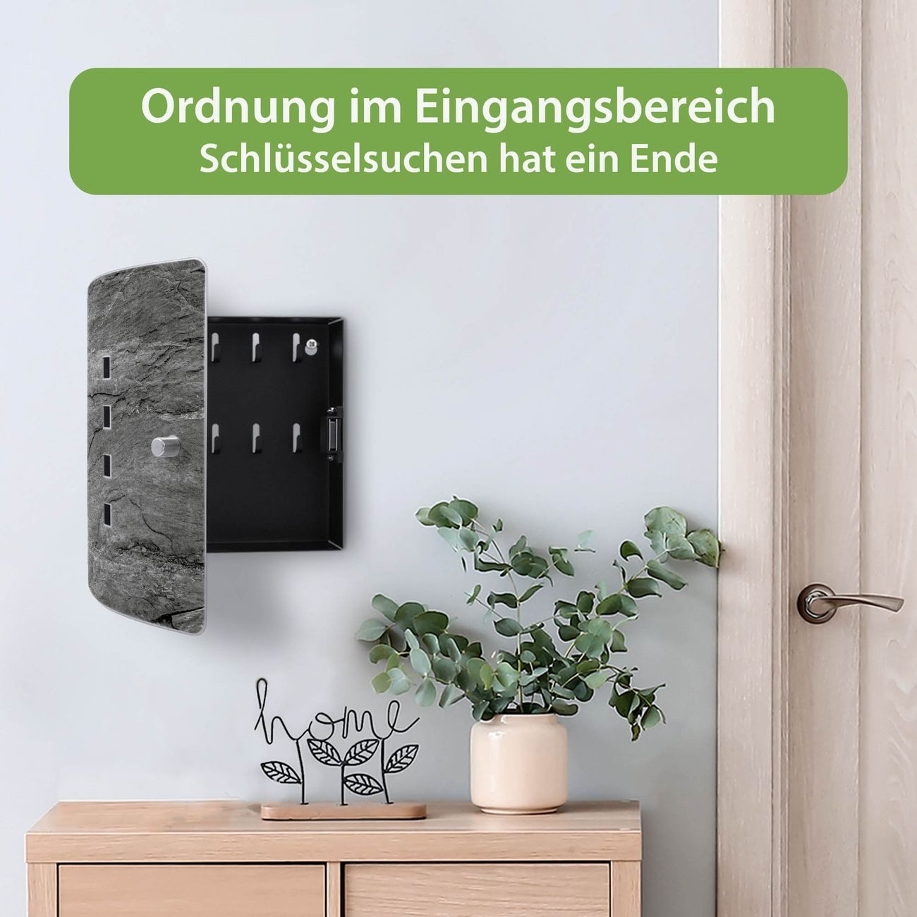 banjado Schlüsselkasten Edelstahl mit Motiv Schiefer Platte 1 (verstellbarer Magnetverschluss, mit 10 Haken, gebogene Tür, einstellbarer Magnet), 24 x 21,5 x 7 cm