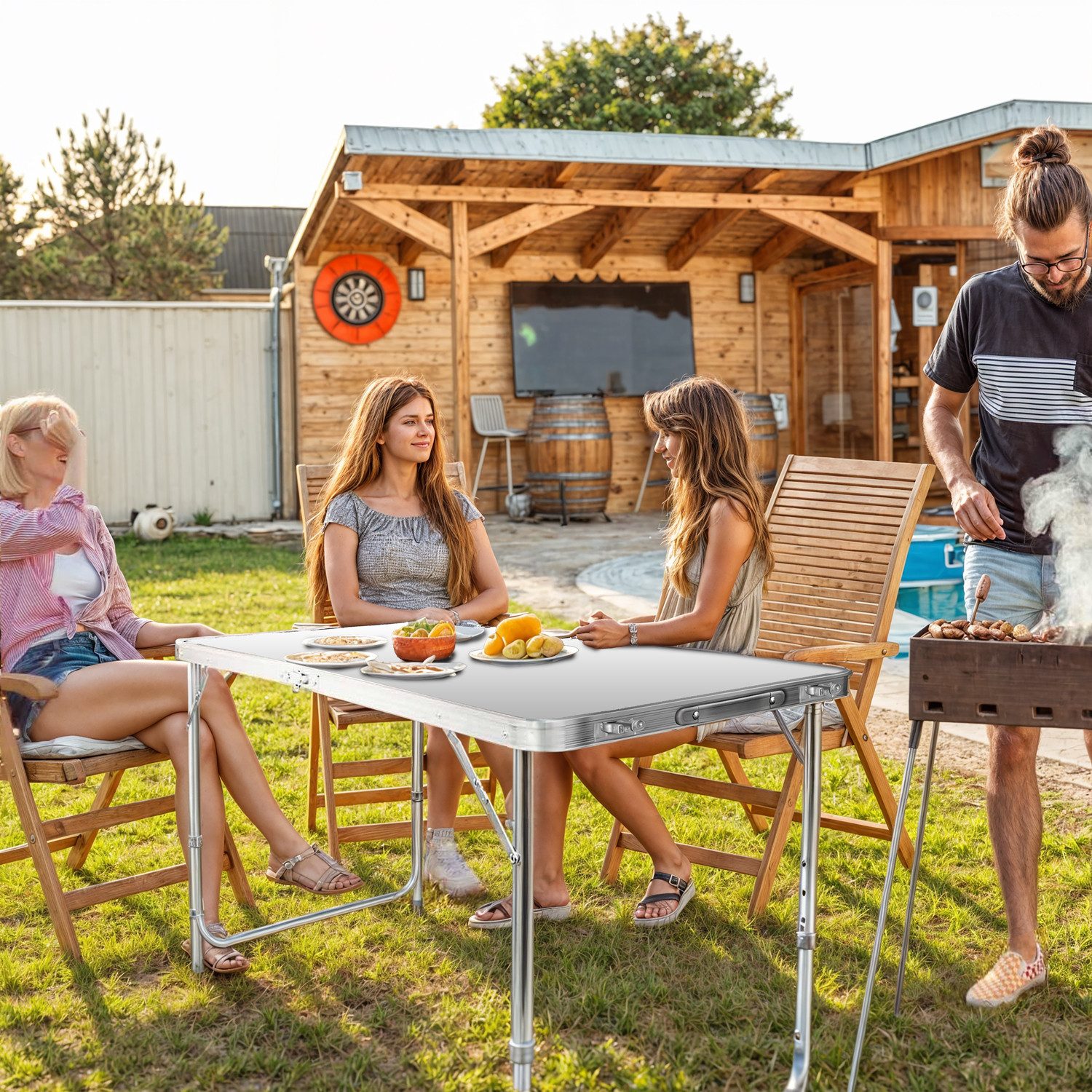 Goods+Gadgets Klapptisch Faltbarertisch - Campingtisch höhenverstellbar mit Aluminiumrahmen (Markttisch Tapeziertisch), Klappbarer Mehrzwecktisch - Klapp-Tisch  – Bild 4 von 4