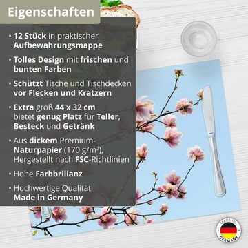 Platzset, Tischset Frühling, Ostern & Blumen - Magnolien in voller Blüte, Tischsetmacher, (aus Naturpapier in Aufbewahrungsmappe, 12-St., 44 x 32 cm / rosa-blau), Made in Germany