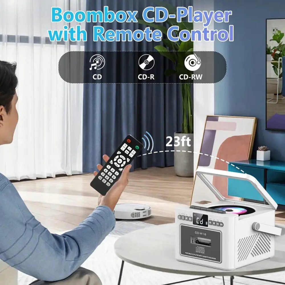 AKKEE mit Bluetooth-Lautsprecher, FM-Radio und Kassettenspieler Stereo-CD Player (USB-/AUX-/SD-Karten-Anschluss, USB-Aufladung)