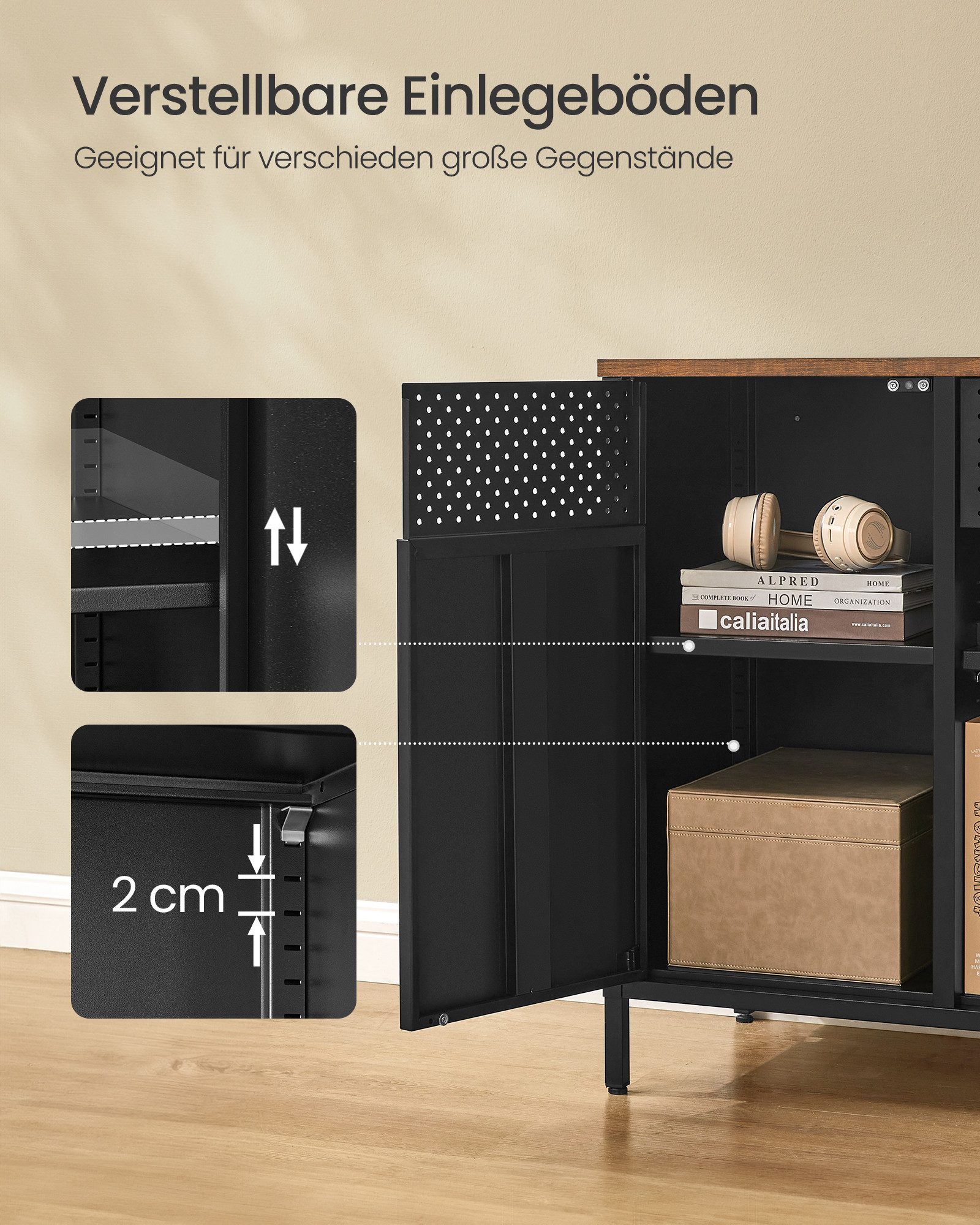 SONGMICS Aktenschrank Metallschrank, Schrank mit Doppeltür, Sideboard (Metallschrank, Schrank mit Doppeltür, Sideboard, Stahlgestell, vintagebraun-mattschwarz)  – Bild 5 von 5