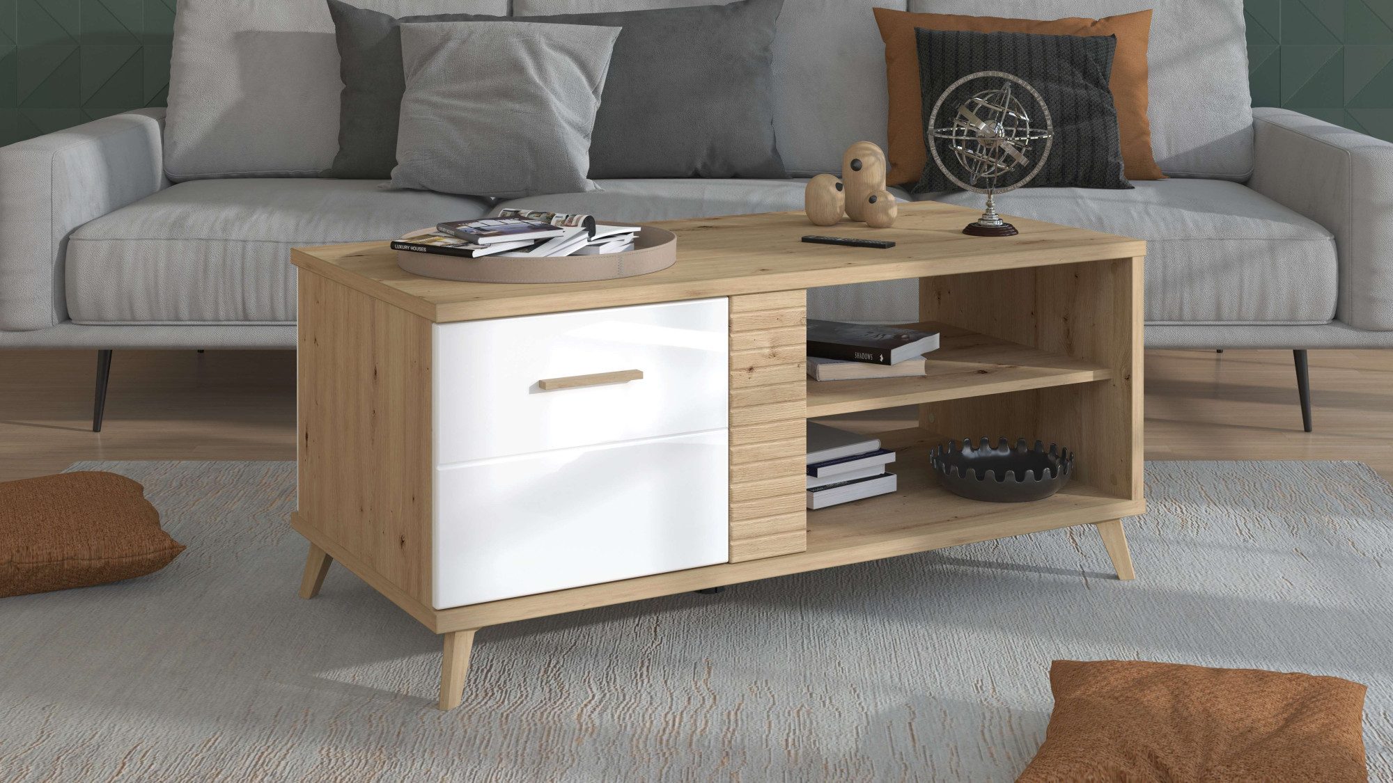 INOSIGN Couchtisch Bretagna 120 cm, rechteckig, in zeitloser Design, mit viel Stauraum, Artisan Eiche Dekor mit Segmenten in Weiß