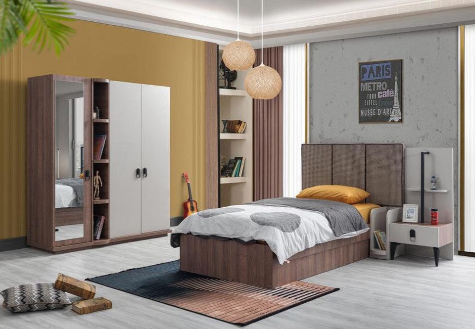 Jugendzimmer-Set Modernes Kinderzimmer Set in Braun mit Bett und Kleiderschrank