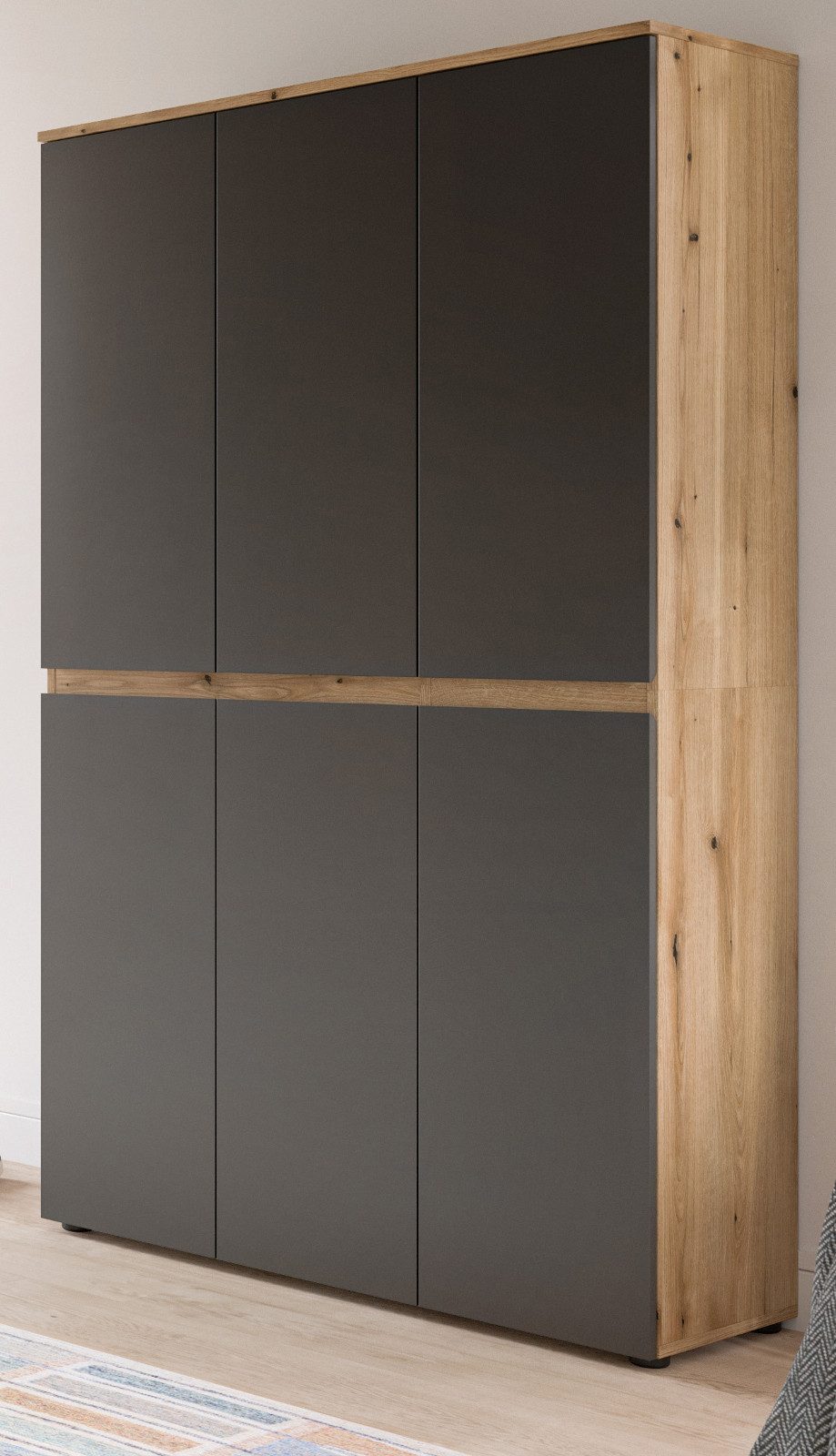 Inn.Furn Mehrzweckschrank Assino (Garderoben- und Schuhschrank in Eiche und Grau, 6-türig, 105 x 175 cm) mit Kleiderstange und 14 Einlegeböden