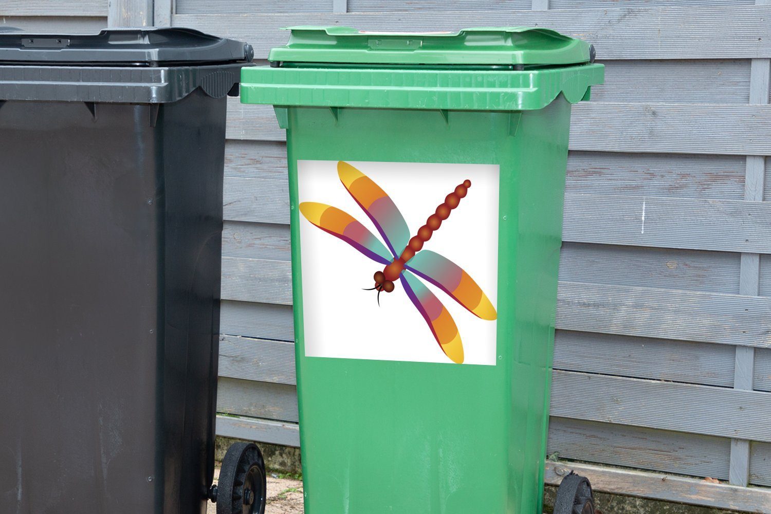 MuchoWow Wandsticker Eine Illustration einer Abfalbehälter Libelle Mülleimer-aufkleber, Mülltonne, St), Sticker, bunten Container, (1