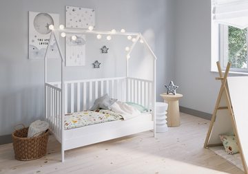 FabiMax Kinderbett Hausbett Schlafmütze Weiß mit Deko-Set, Kiefer massiv, Gitterbett, Babybett, Umbaubar zum Juniorbett