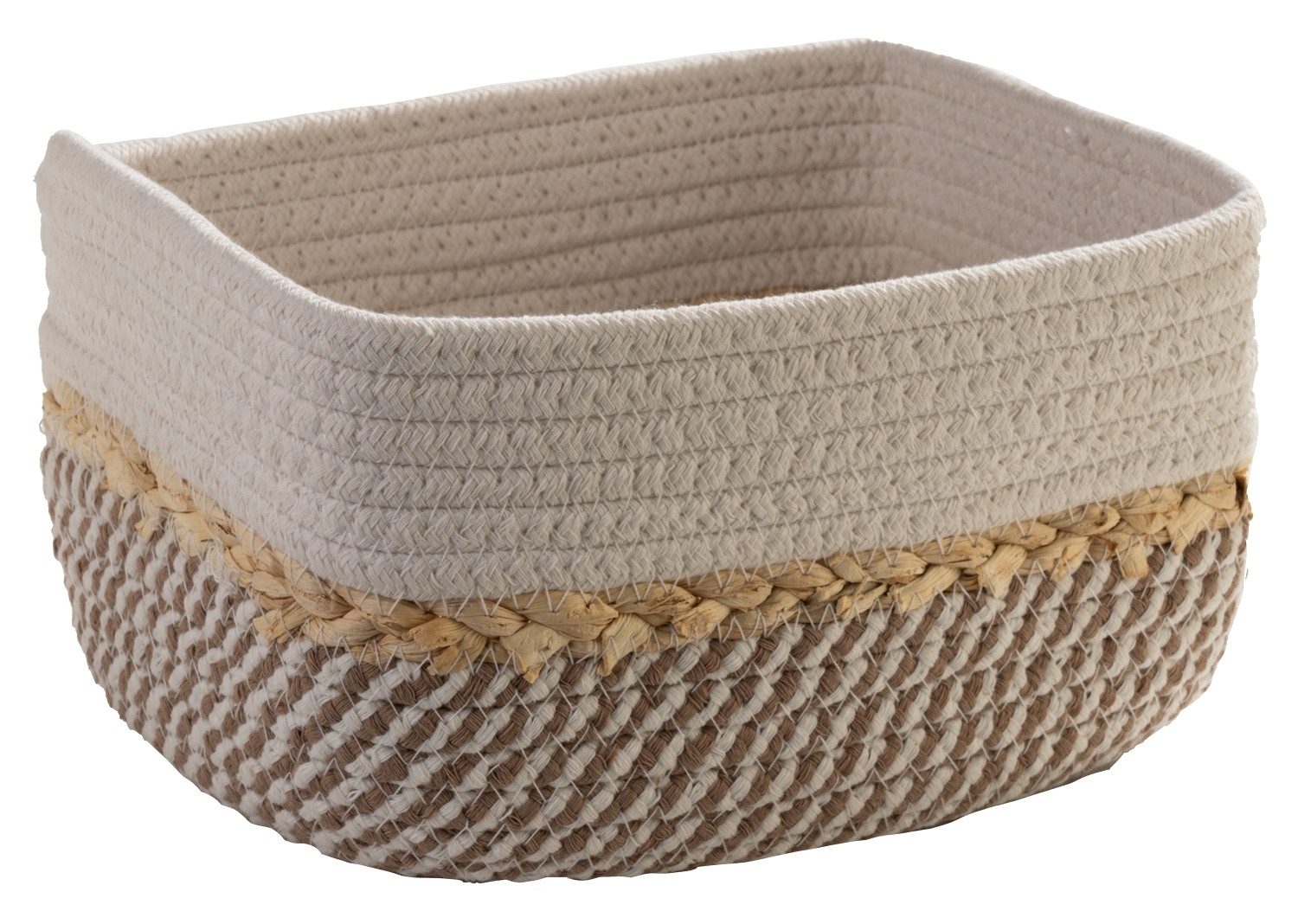 Home4You Aufbewahrungskorb, B 23 cm, H 13 cm, T 18 cm, Beige, Weiß, (1 St), Baumwolle, ohne Griffe