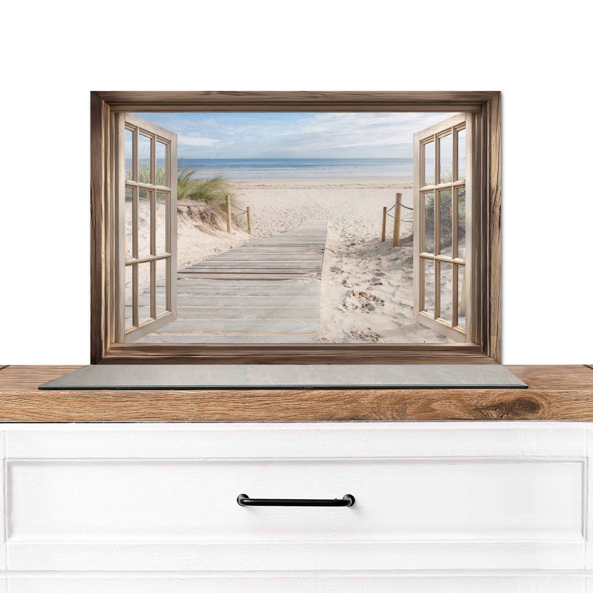 KitchenYeah Küchenrückwand Durchblick - Strand - Dünen - Weg - Landschaft, (1-tlg), Spritzschutz Küche, Küchendeko, 60x40 cm