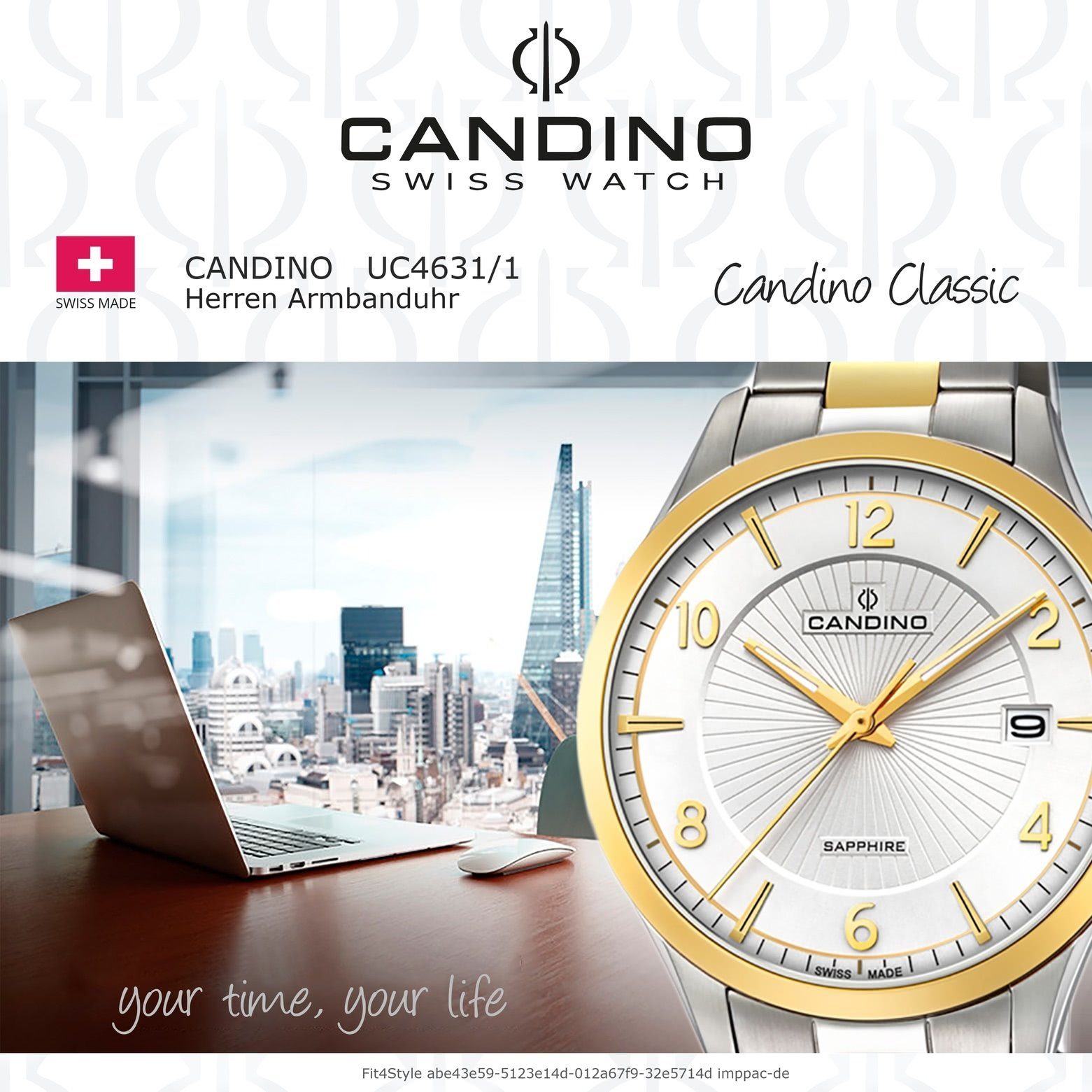 Edelstahlarmband gold, Armbanduhr Elegant Uhr Candino Analog Candino C4631/1, Herren Quarzuhr rund, Herren silber,