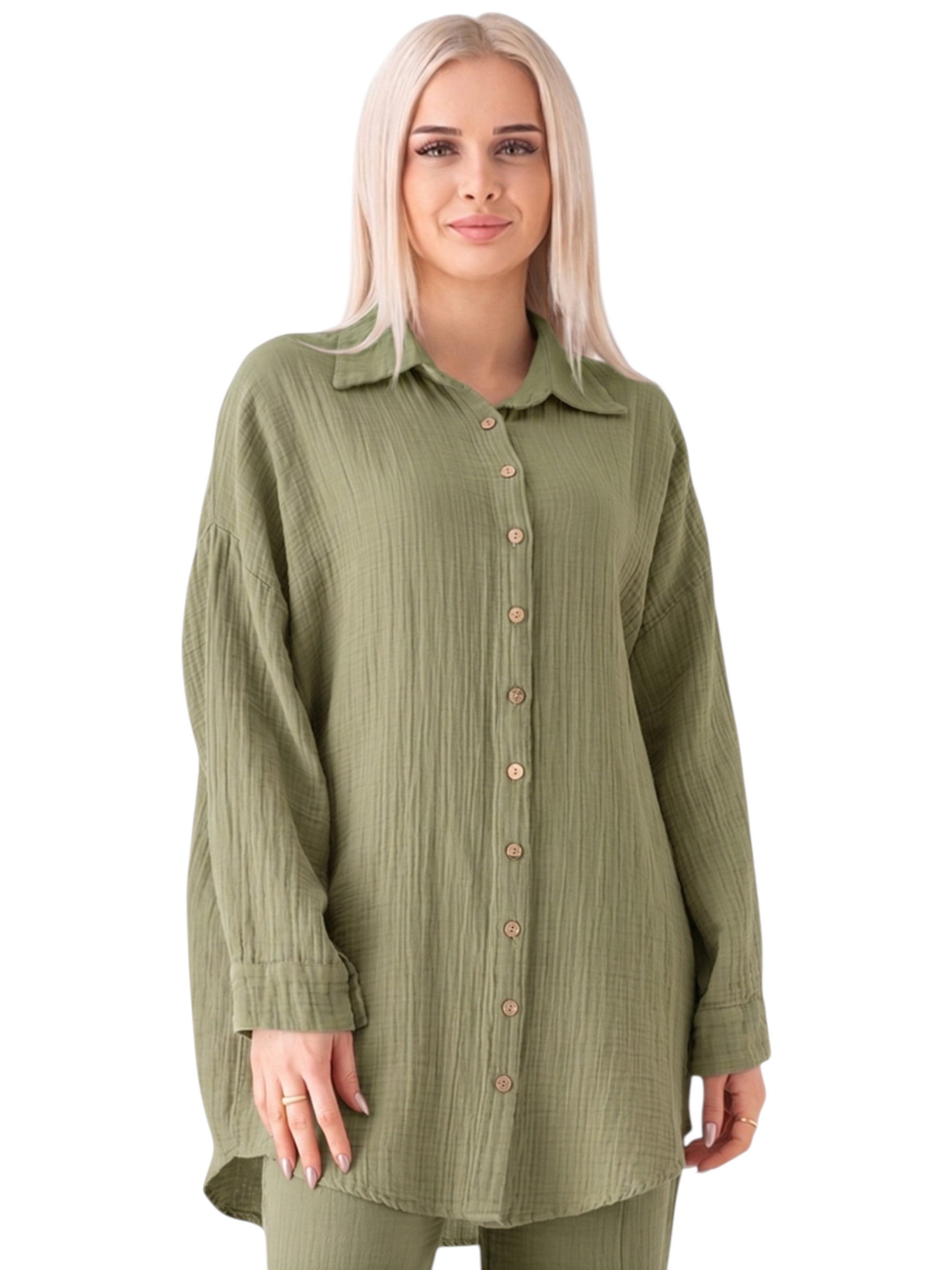 WENOR Hemdbluse Oversize Musselin Hemd 100 % Baumwolle, Kokosknöpfe, Einheitsgröße Nachhaltiger Kokosknopf, luftige Oversize-Passform
