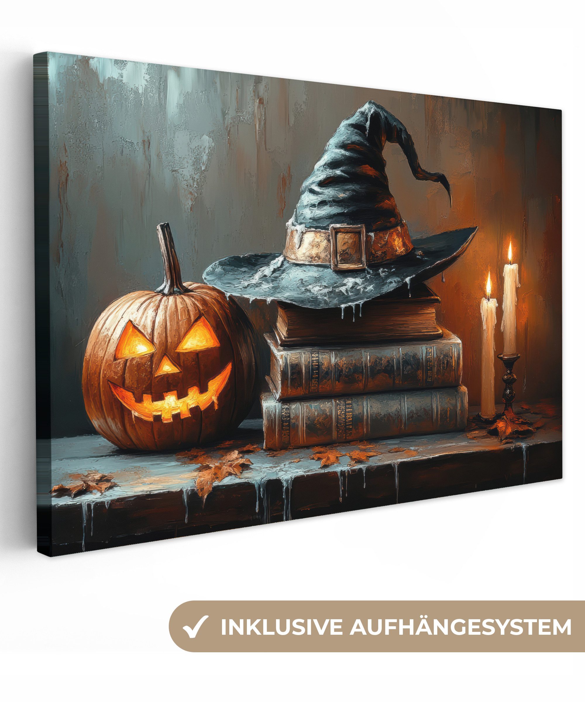 OneMillionCanvasses® Leinwandbild Halloween - Stillleben - Hexenhut - Kürbis - Hexe, Fotodruck (1 St), Leinwand Bilder Klein, Wand Dekoration Aesthetic 30x20 cm