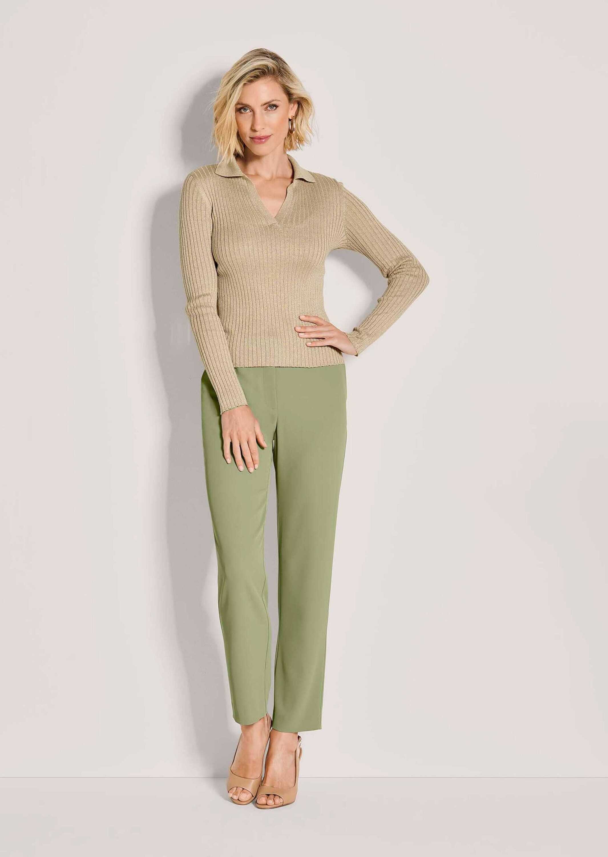 MADELEINE Strickpullover Glanzpullover mit Polokragen Poloshirt mit V-Ausschnitt und Langarm