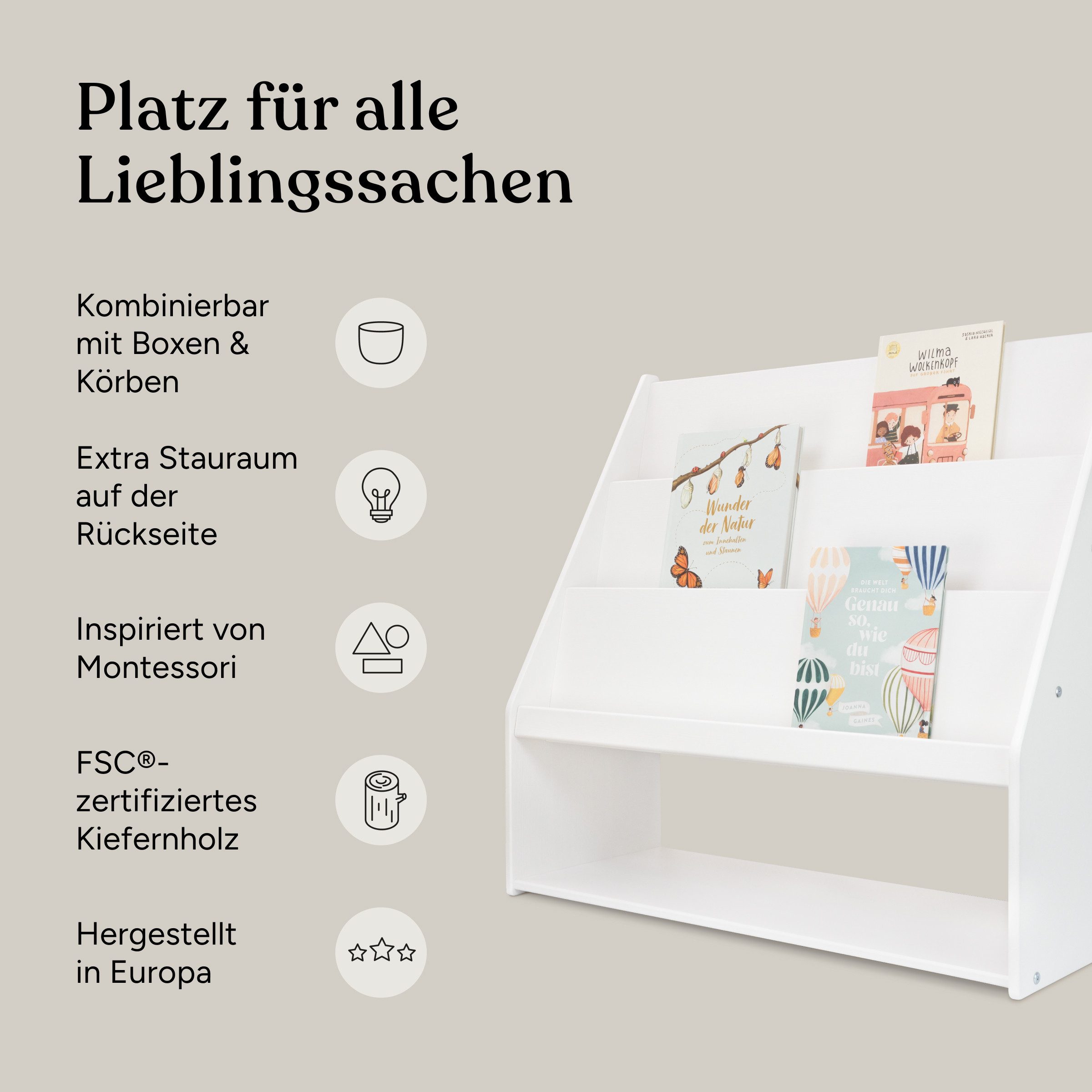 Ehrenkind Bücherregal mit Stauraum, aus massivem Kiefernholz, frontale Buchablage auf Kinderhöhe, Montessori-inspiriert