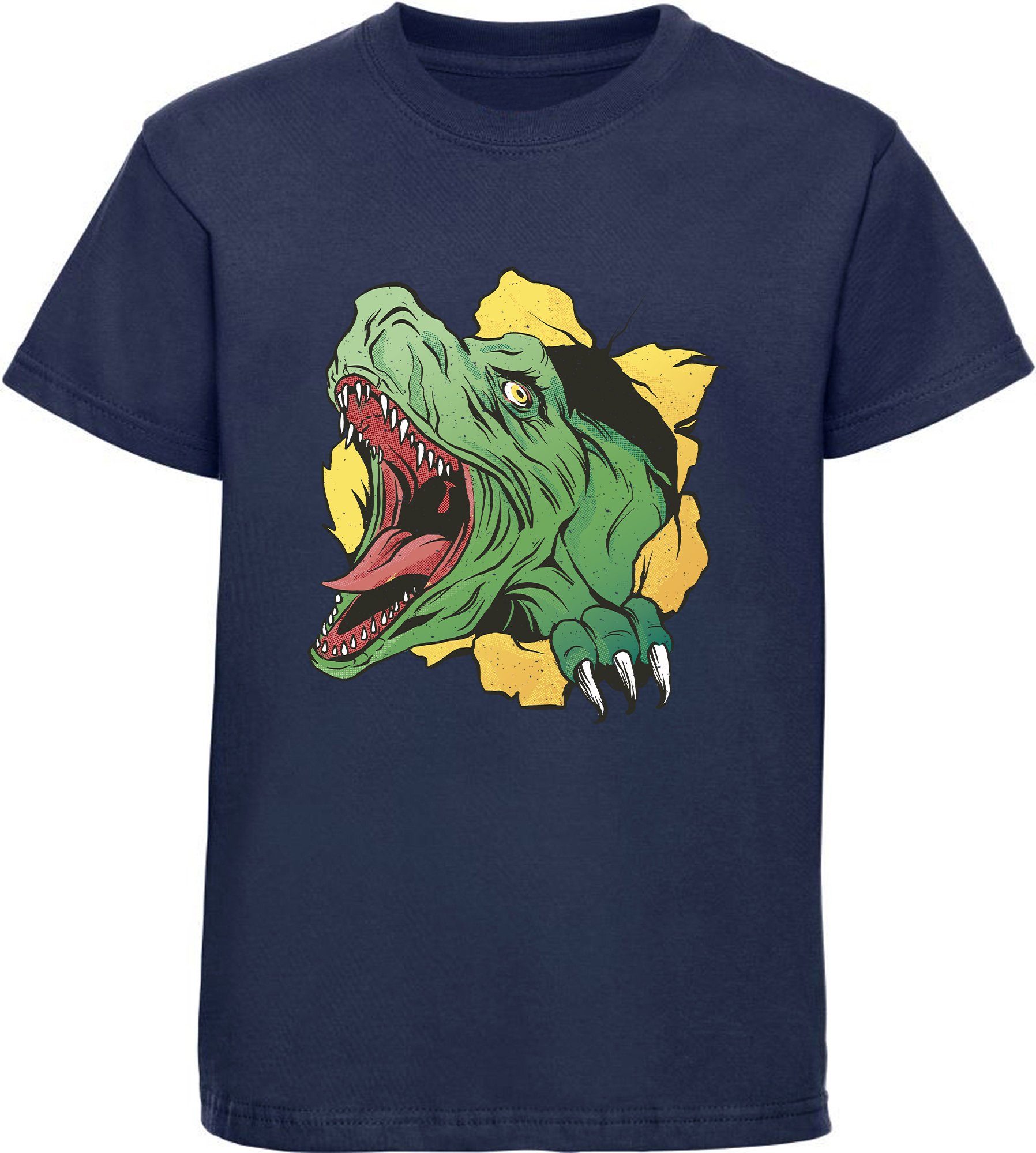 MyDesign24 Print-Shirt bedrucktes Kinder T-Shirt mit T-Rex Kopf Baumwollshirt mit Dino, schwarz, weiß, rot, blau, i68 navy blau