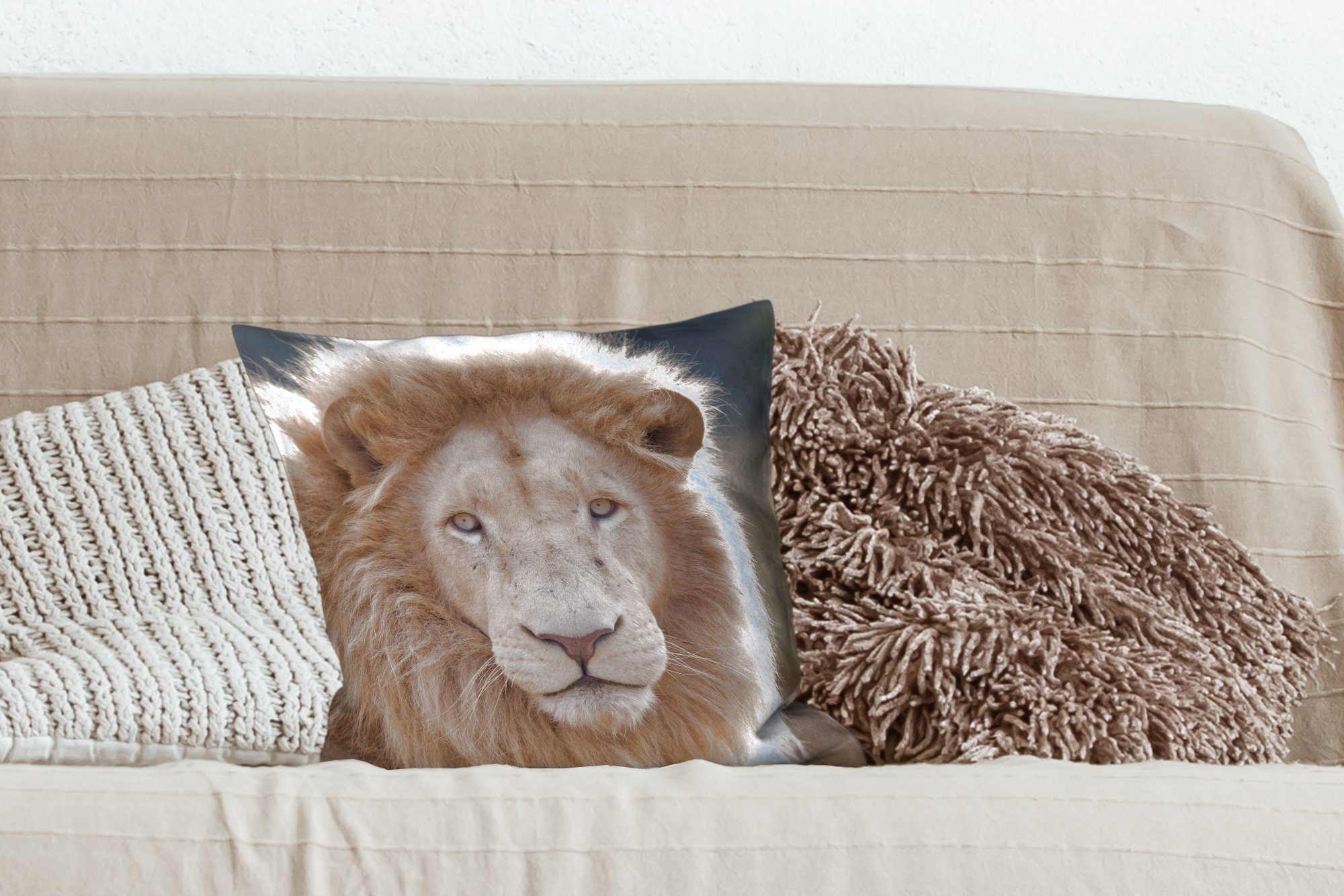Löwe für Sofakissen - Deko, Schlafzimmer, - Dekokissen Wohzimmer, MuchoWow Tier Weiß, mit Zierkissen Füllung