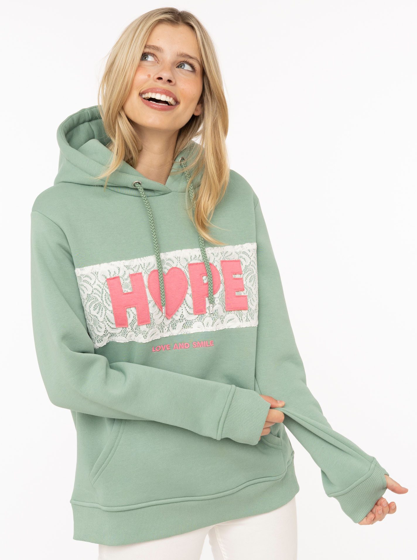 Zwillingsherz Hoodie "HOPE Spitze" Kapuze mit Kordel, Motiv mit Spitze, elastische Bündchen