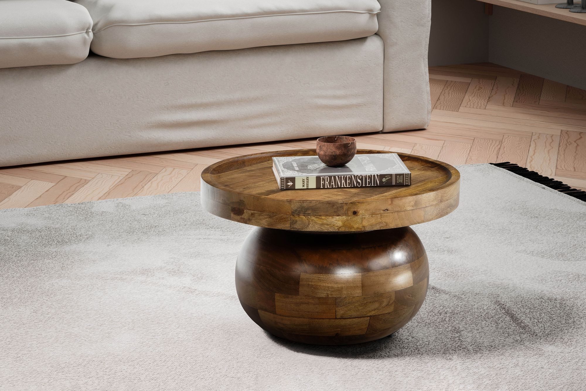 FINEBUY Couchtisch FB102673 Mango Sofatisch Massivholz Braun 50 cm Wohnzimmertisch Rund (50x50x30,5 cm Sofatisch Mango Massivholz Walnuss), Wohnzimmertisch Rund, Kaffeetisch Modern