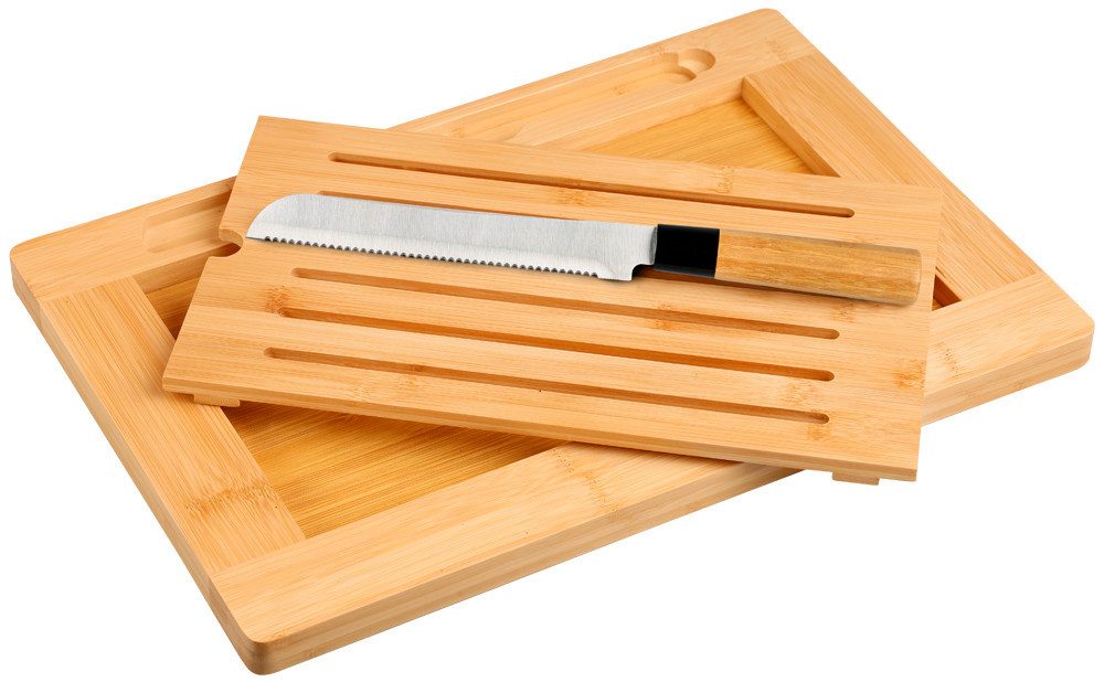 KESPER® Schneidebrett Brotschneidebrett inkl. Krümelfach, Bambus, Edelstahl, (Set, 2-St., Brett inklusive Messer), inkl. Brotmesser