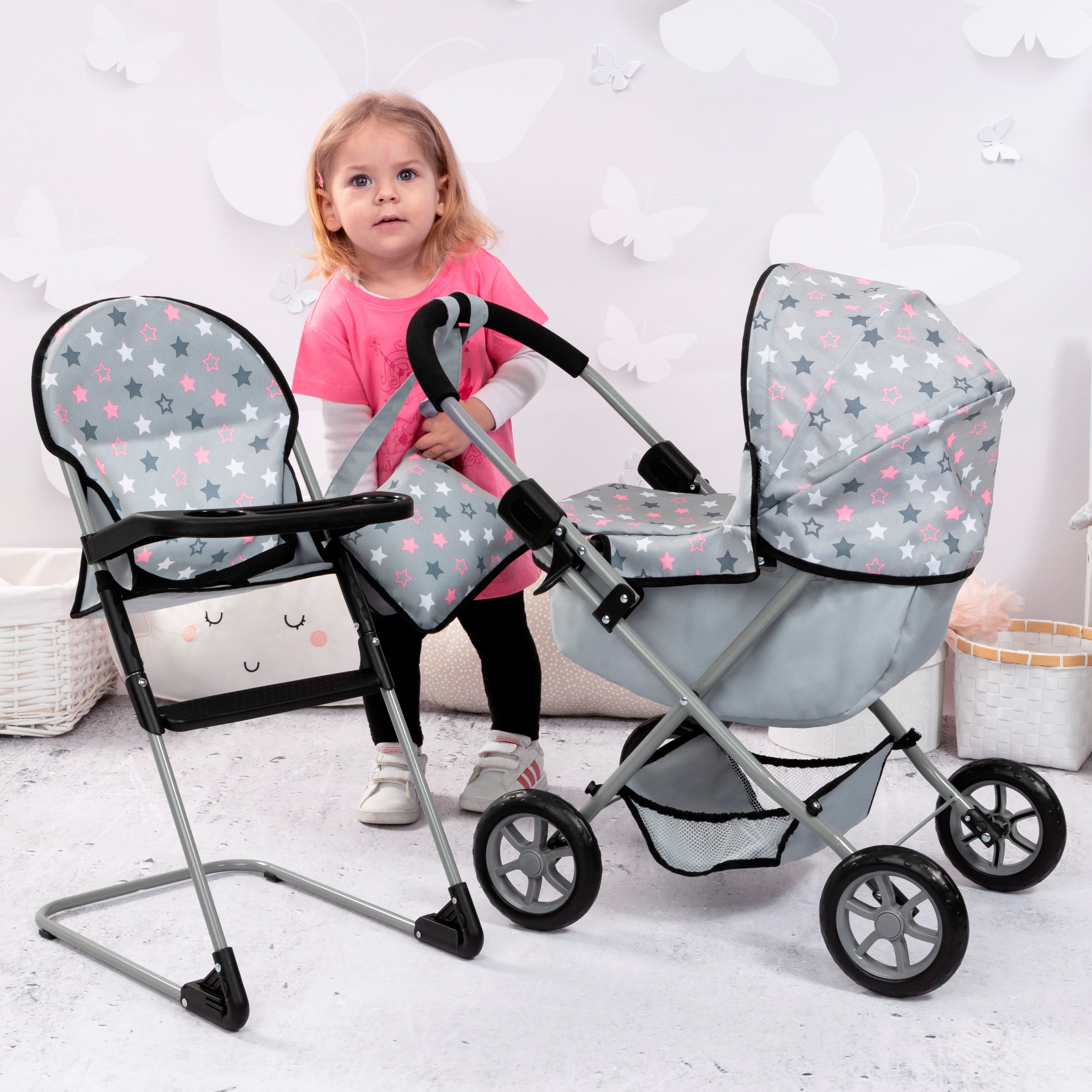 Bayer Puppenwagen Cosy Set, grau, mit Puppenhochstuhl und Wickeltasche