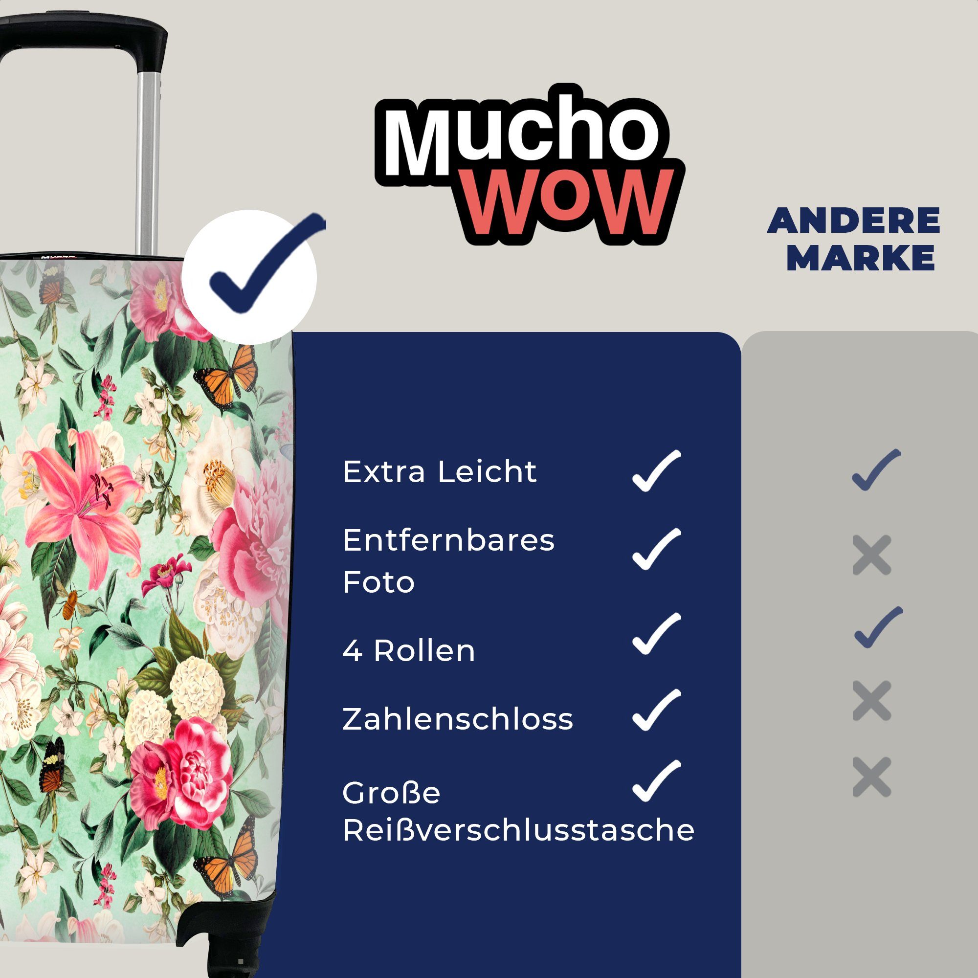 MuchoWow Handgepäckkoffer für Ferien, Blumen Handgepäck - Reisekoffer Rollen, mit rollen, Insekten - 4 Reisetasche Frühling, Trolley