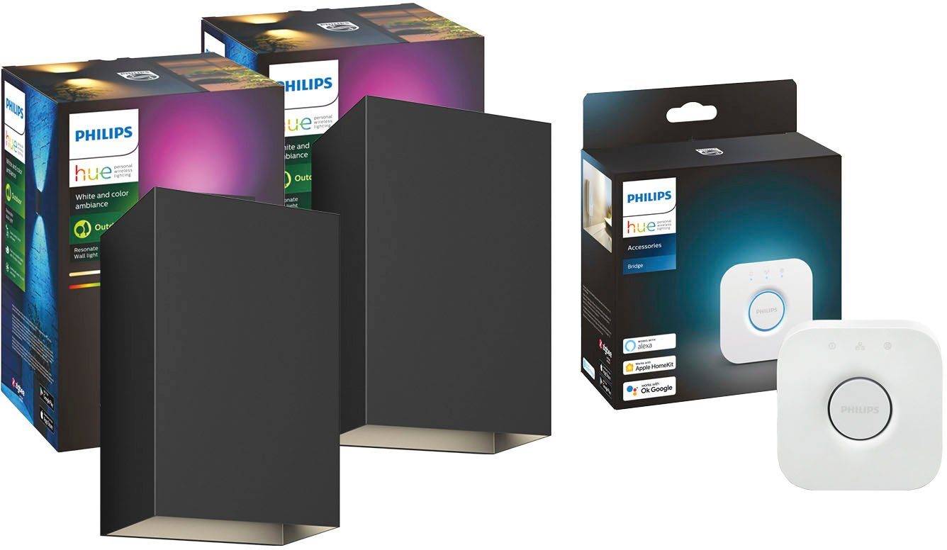 Philips Hue LED Außen-Wandleuchte Resonate, Dimmfunktion, LED fest integriert, RGB, White&Color Ambiance, Wandleuchte 2er Set + Hue Bridge