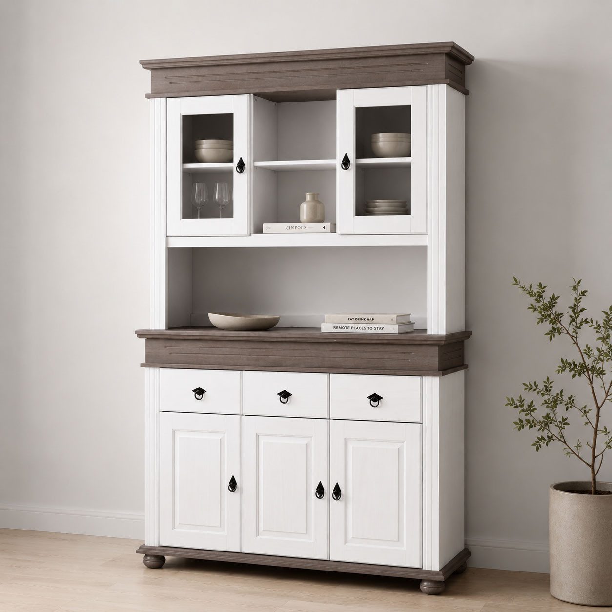 Inter Link Buffet Halmaro, Kiefer Massivholz, Weiss/Grau-Lava, 141 x 46,30 x 213 cm (1-St) Vitrine im Laudhausstil, Küchenschrank mit Glastüren, viel Stauraum
