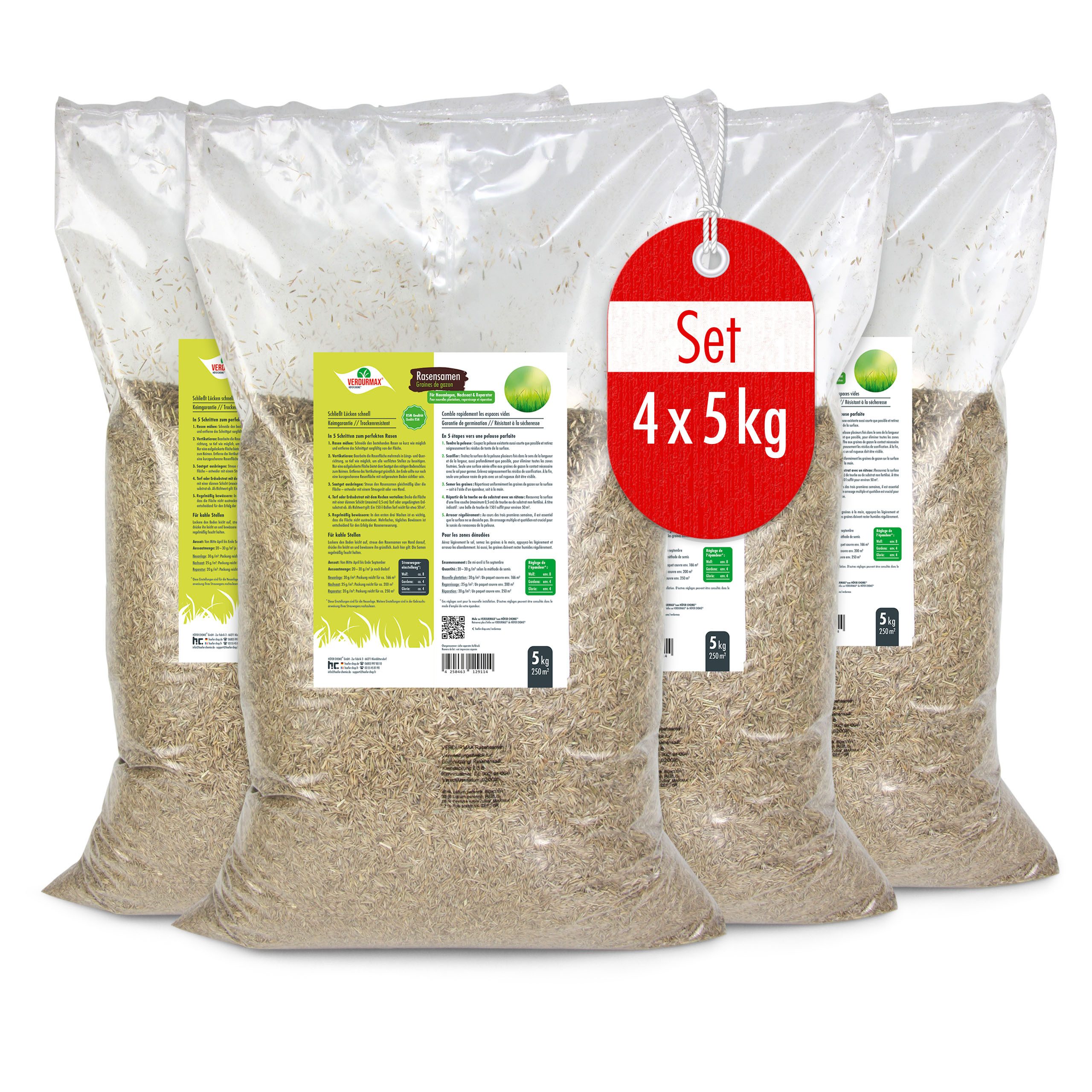 Höfer Chemie GmbH Rasensamen 4 x 5 kg VERDURMAX® Rasensamen, 20 kg, Hochwertige Samen für dichten Rasen