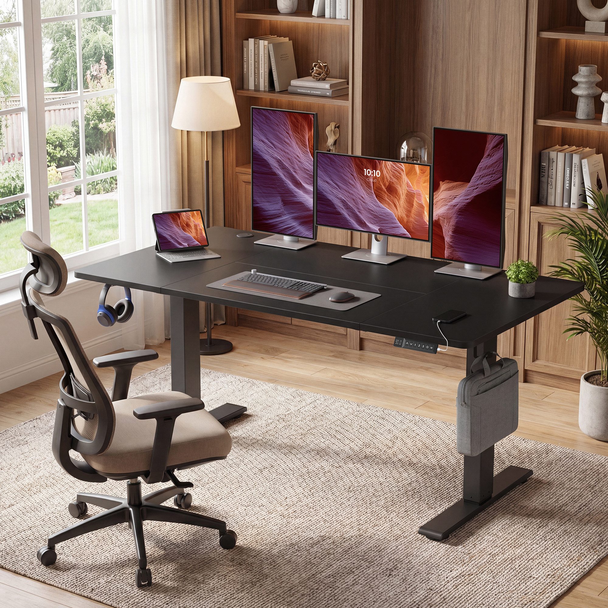 VASAGLE Schreibtisch Höhenverstellbarer, USB-C-Anschluss, Erinnerung bei langem Sitzen, Ablage für Steckdosenleiste, 3 Speichertasten, 120/140/160/180cm