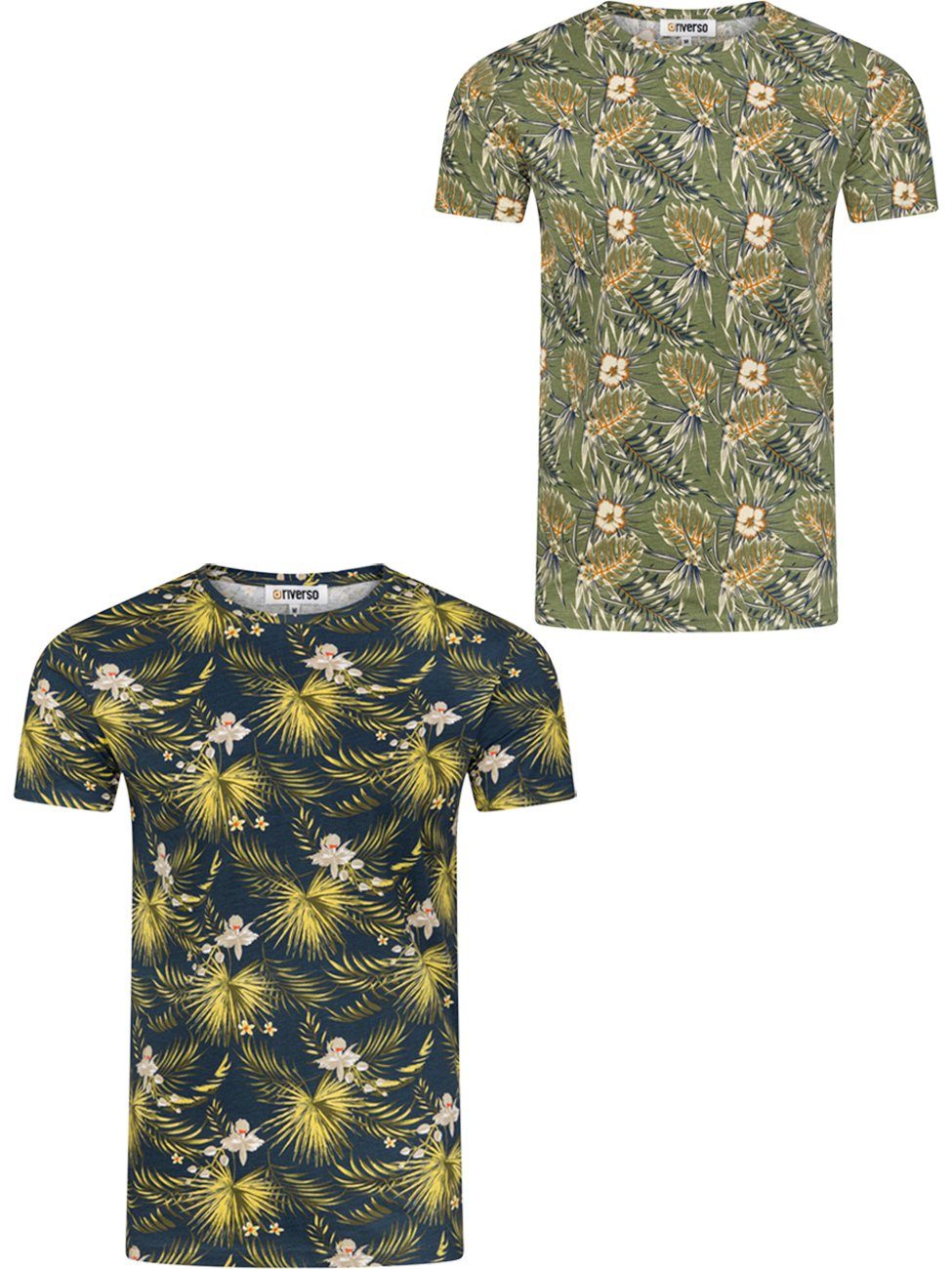 riverso T-Shirt Herren Printshirt RIVBill Regular Fit (2-tlg) Kurzarm Hawaiishirt mit Rundhalsausschnitt aus 100% Baumwolle Farbmix 1 | T-Shirts