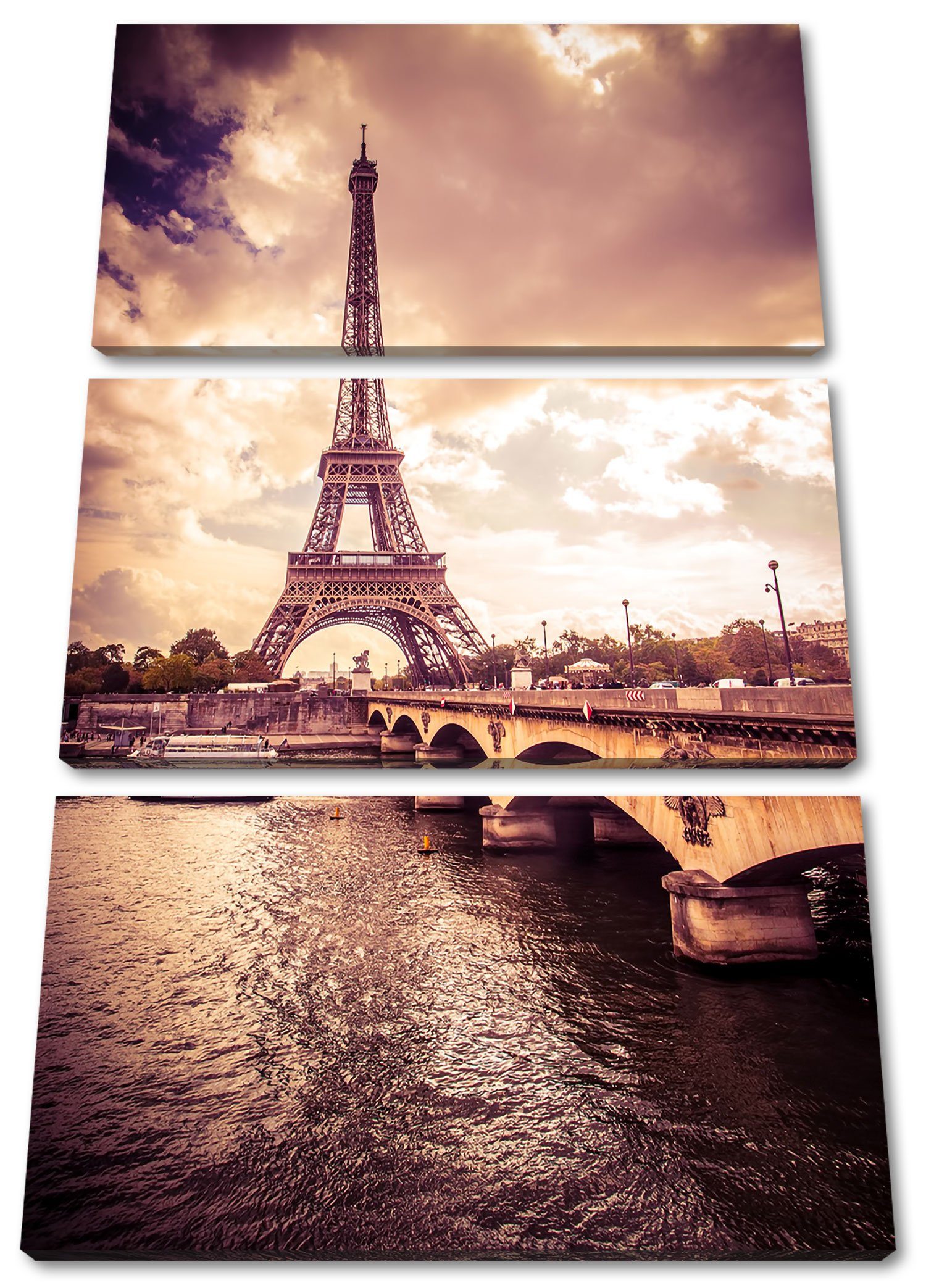 Paris, (1 (120x80cm) fertig Eiffelturm in St), inkl. Pixxprint Paris Zackenaufhänger 3Teiler in Eiffelturm bespannt, Leinwandbild Leinwandbild