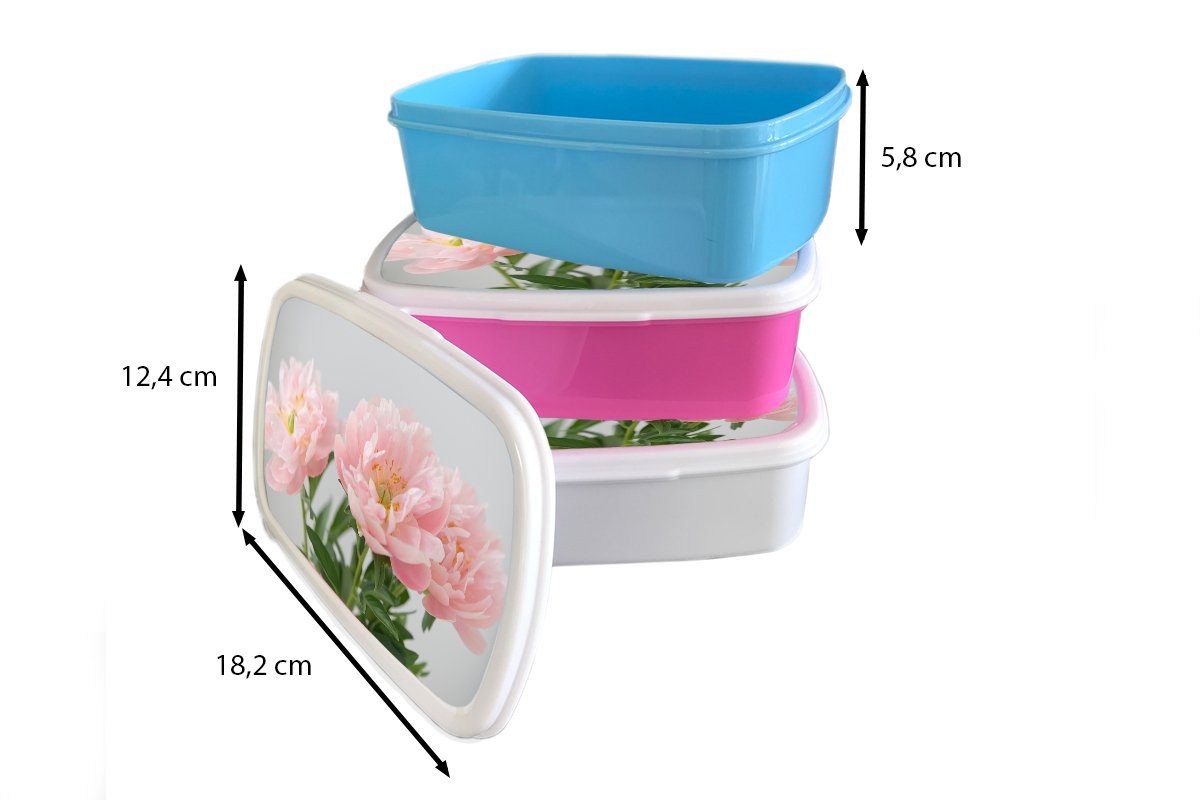 MuchoWow Lunchbox Blumenstrauß aus rosa Pfingstrosen, Kunststoff, (2-tlg), Jungs Mädchen für weiß Brotbox Erwachsene, Kinder Brotdose, für und und