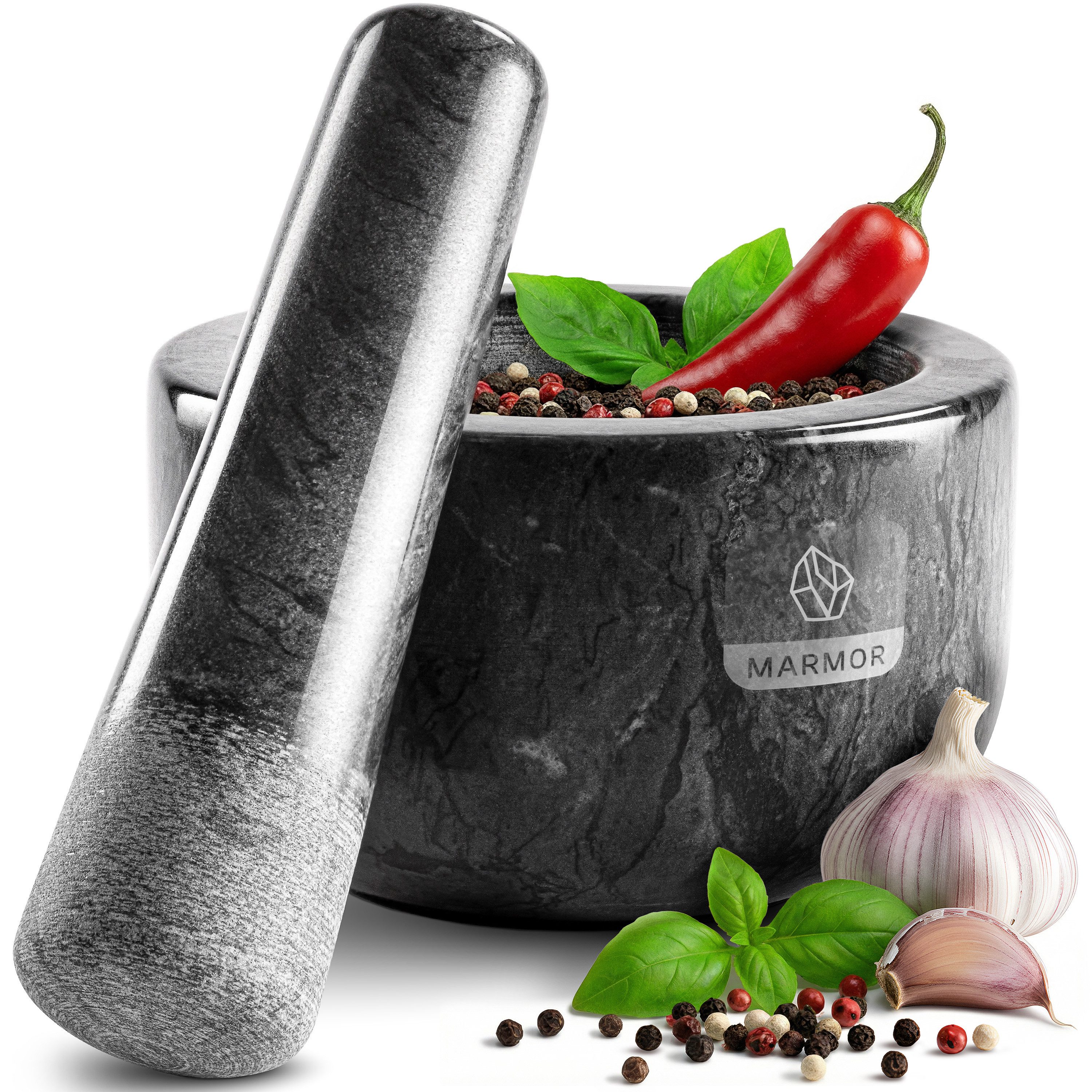 madeco Mörser Marmor Mörser mit Stößel mit Antirutsch-Pad - für Gewürze & Kräuter, (Set, 2-tlg), Ø 14 x 8,5 cm, 400 ml Füllvolumen