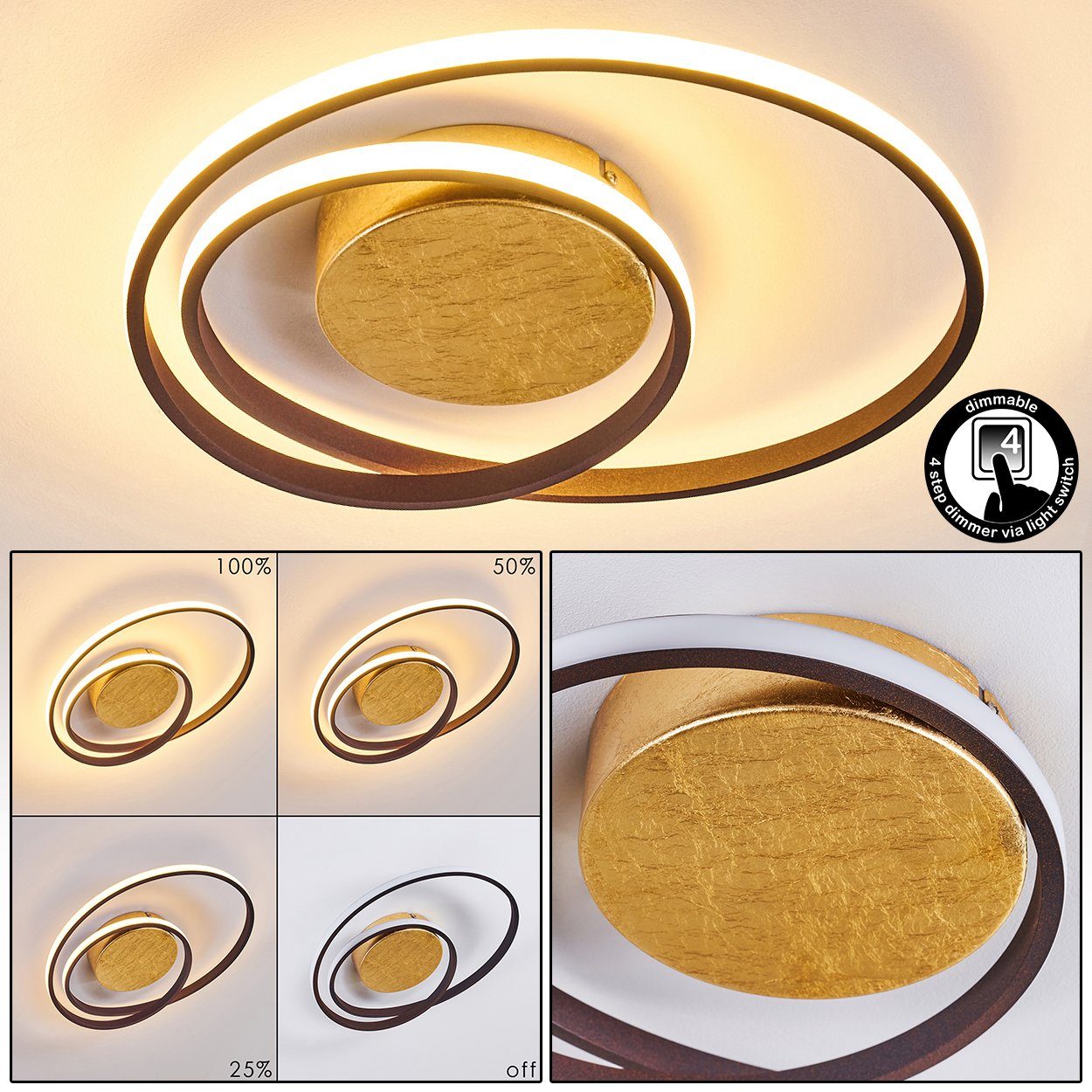 Kelvin, 22 Deckenleuchte Gold Deckenlampe m. 3000 Lumen, über dimmbar in aus Ringen, moderne hofstein Lichtschalter Watt, 2200 2 »Apagni« Metall
