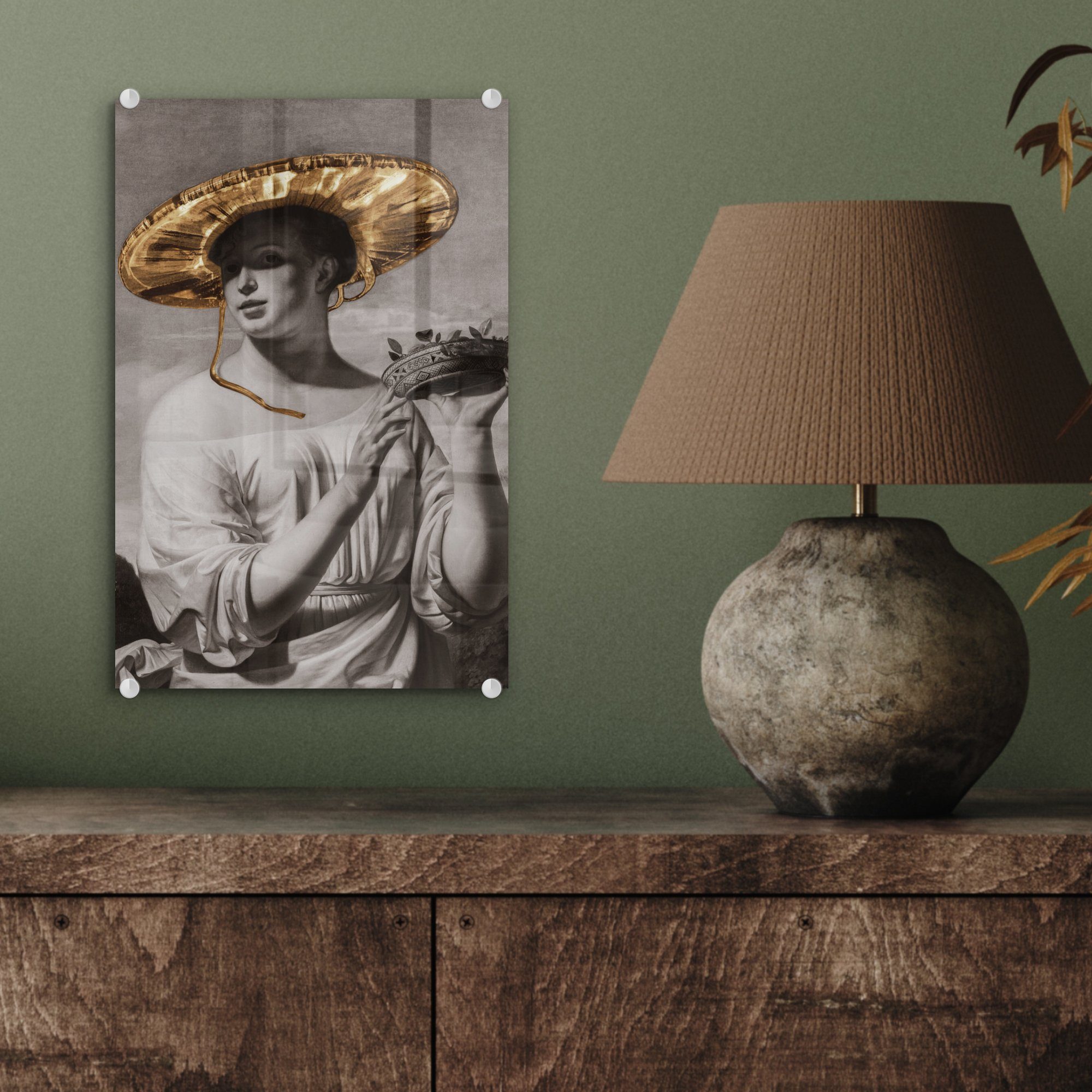 Acrylglasbild - Bilder auf Cäsar MuchoWow breitem - Foto (1 Glas Hut Wanddekoration - - Wandbild Mädchen auf Glas Gold, St), Glasbilder - van mit Everdingen