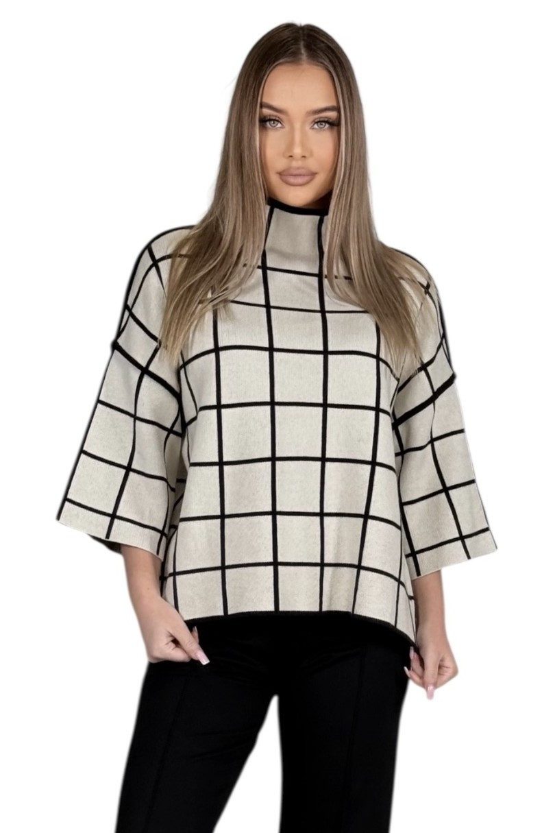 Mississhop Stehkragenpullover Eleganter Feinstrickpullover im Karomuster mit 3/4-Ärmeln M.422