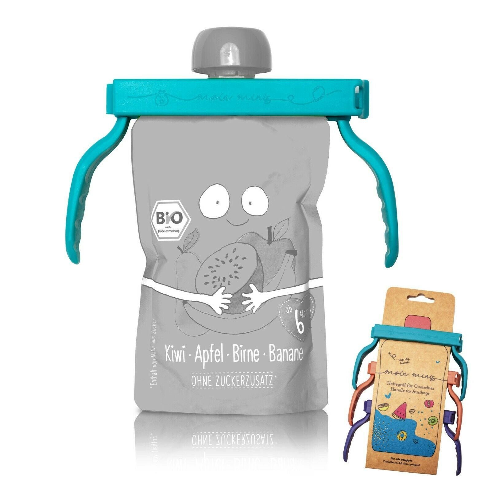 moin minis Flaschenhalter moin minis Haltegriff für Quetschies/Fruchtbeutel/Quetschbeutel/Beutelklammer