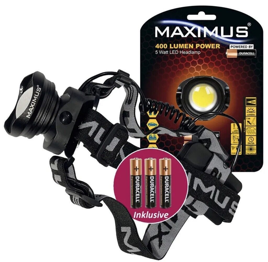 Maximus Kopflampe Stirnlampe, Campinglaterne (mit 3 AAA-Batterien, COB LED, Leuchtweite 18 - 185 Meter), mit 3 AAA-Batterien