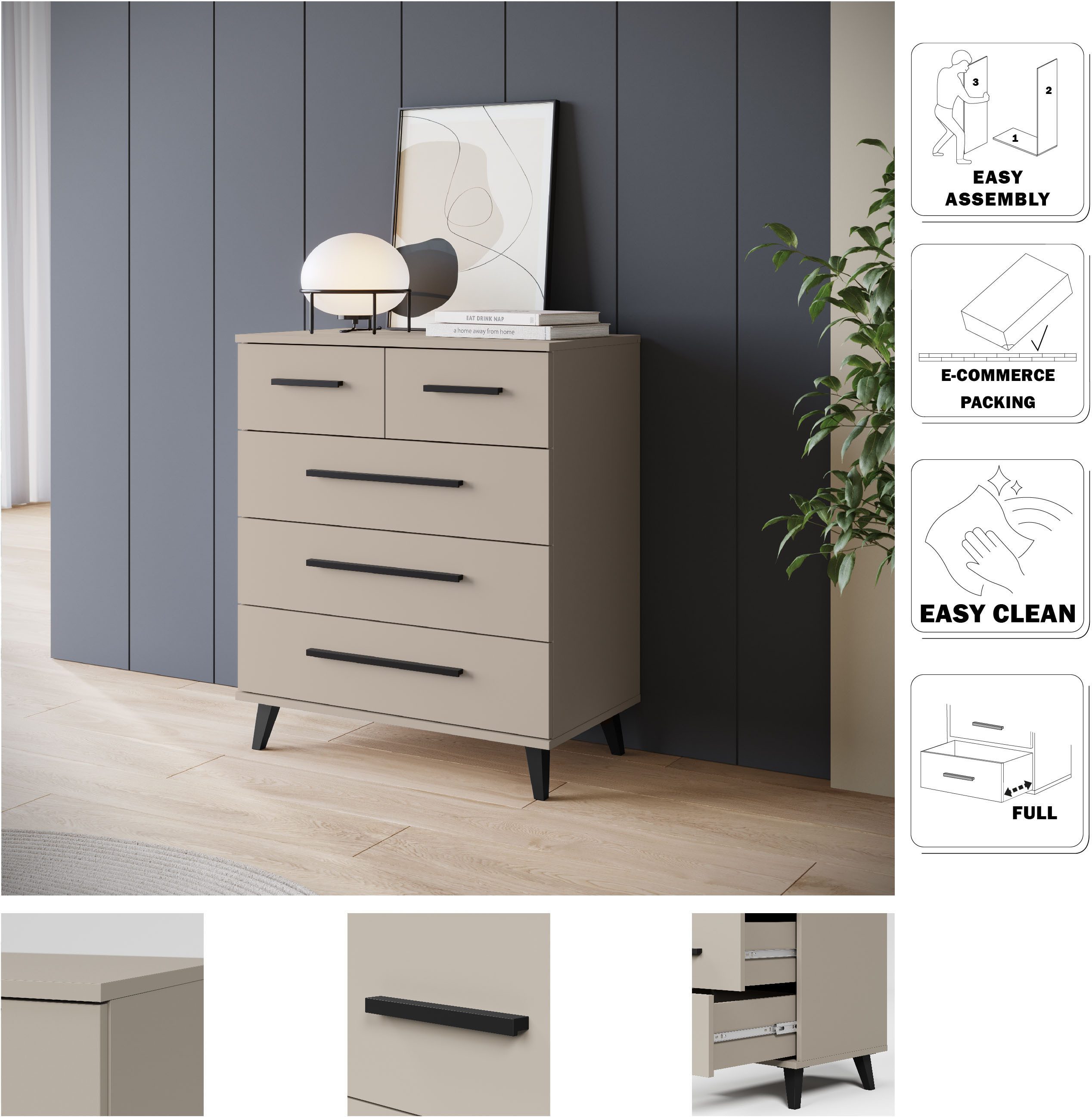 OTTO home Sideboard Lagos, Kommode, 5 Schubladen, schwarze Griffe & Füße (Wäscheschrank Bestseller in Top Qualität), modernes Design, B/T/H je 70/39,5/82,5 cm, Schlafzimmerschrank