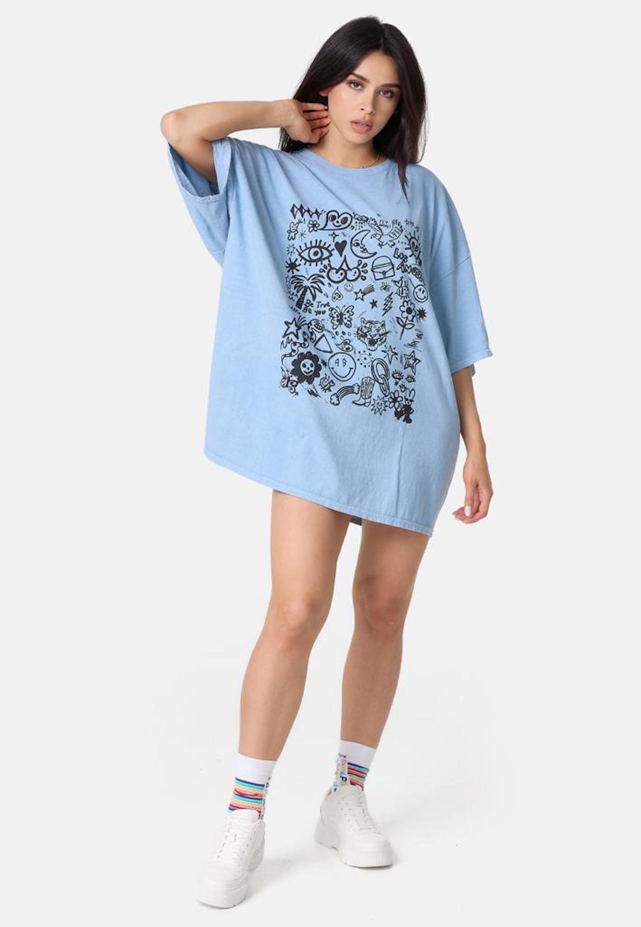 Worldclassca T-Shirt Worldclassca Oversized Print T-Shirt lang Sommer Shirt Oberteil Neu Skyblau