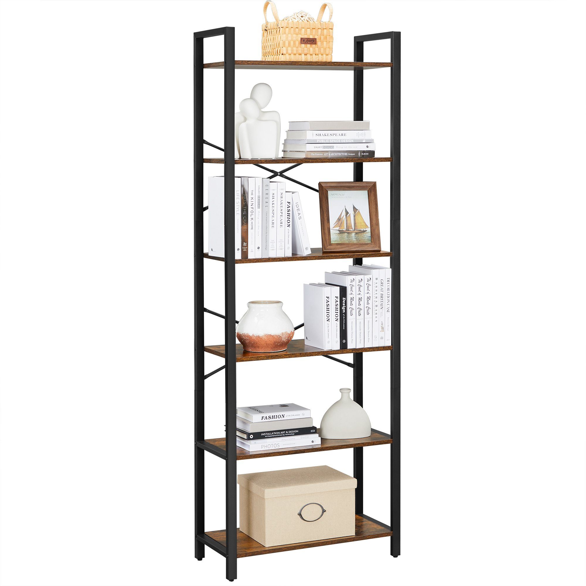 VASAGLE Bücherregal Standregal, DVD-Regal, Büroregal, Büro, Wohnzimmer, Schlafzimmer, Flur, mit 6 Ebenen, offene Ablagen, 66 x 186 x 30 cm, Industrie-Design