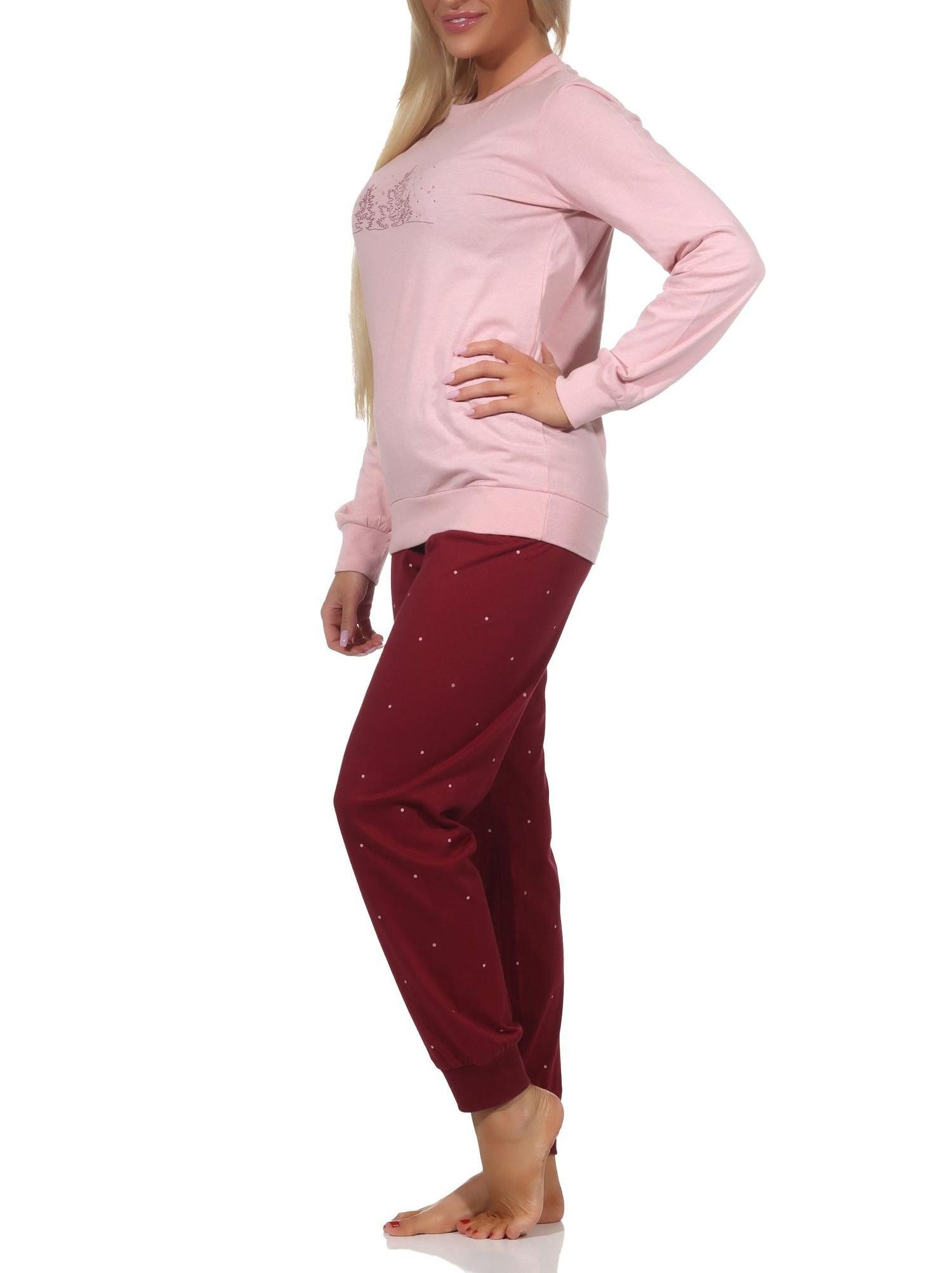 Normann Pyjama Normann Damen langarm Schlafanzug mit Bündchen in winterlicher Optik
