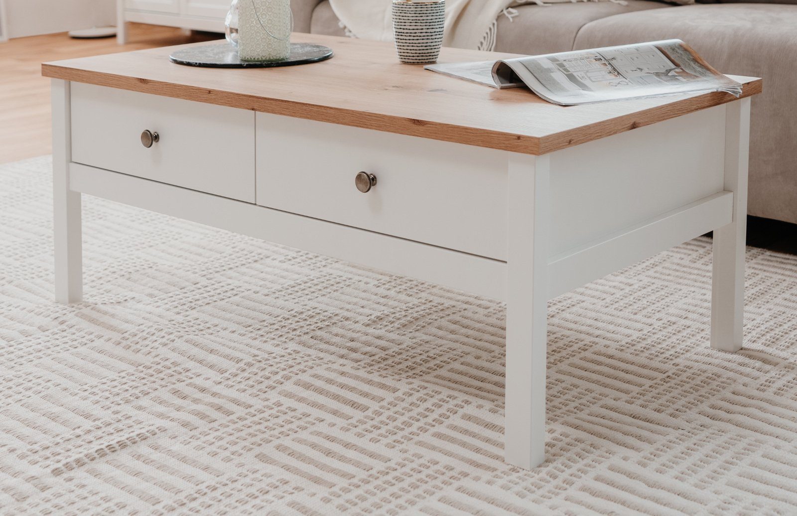 Furn.Design Couchtisch Vestland (Wohnzimmertisch in Landhaus weiß mit Eiche Artisan, 100 x 55 cm), mit 2 Schubladen