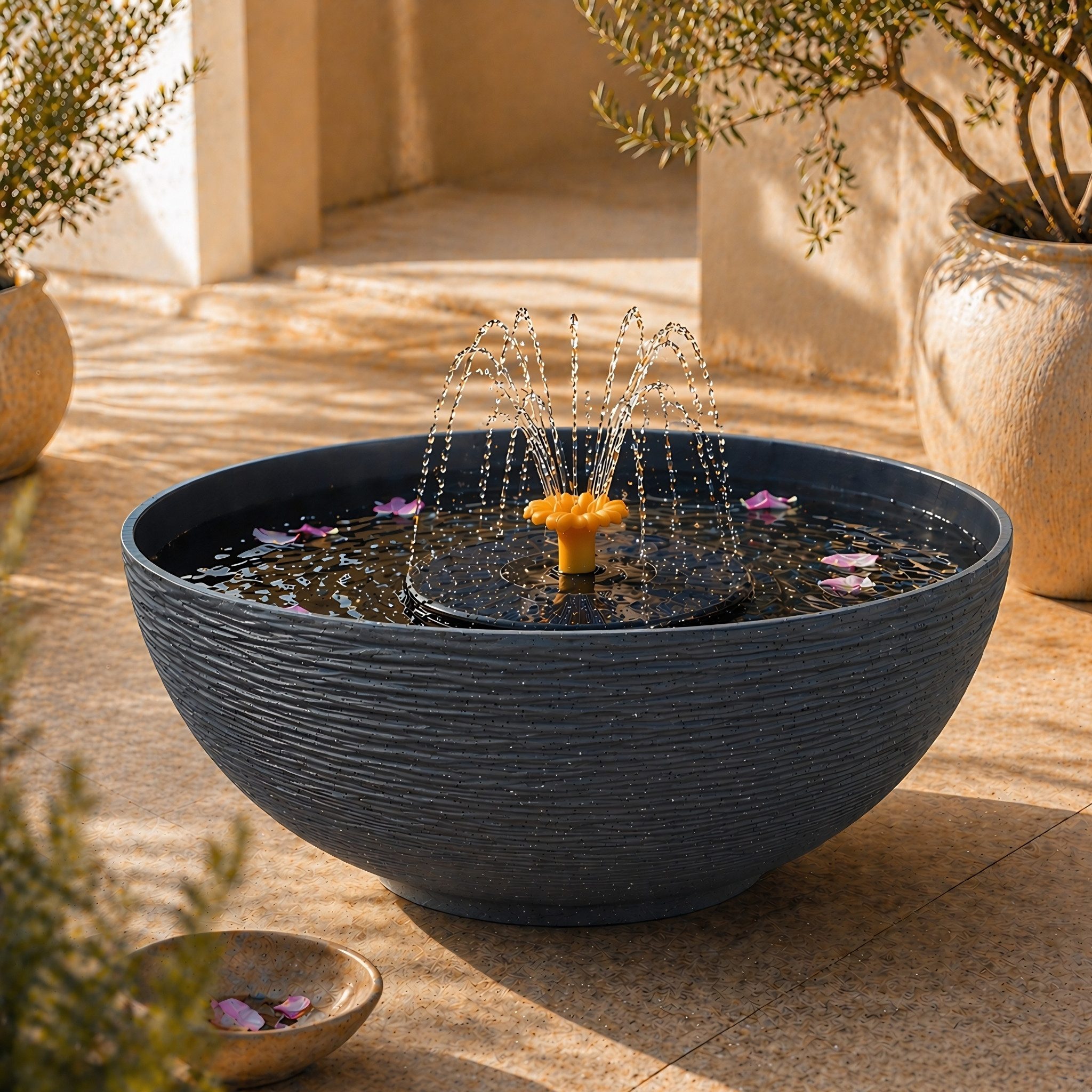 matches21 HOME & HOBBY Wasserspiel Solar LED Brunnen Set inkl. Akku - 45 cm Schale in anthrazit, (2 tlg), Solar Springbrunnen und Brunnenschale als Gartendeko