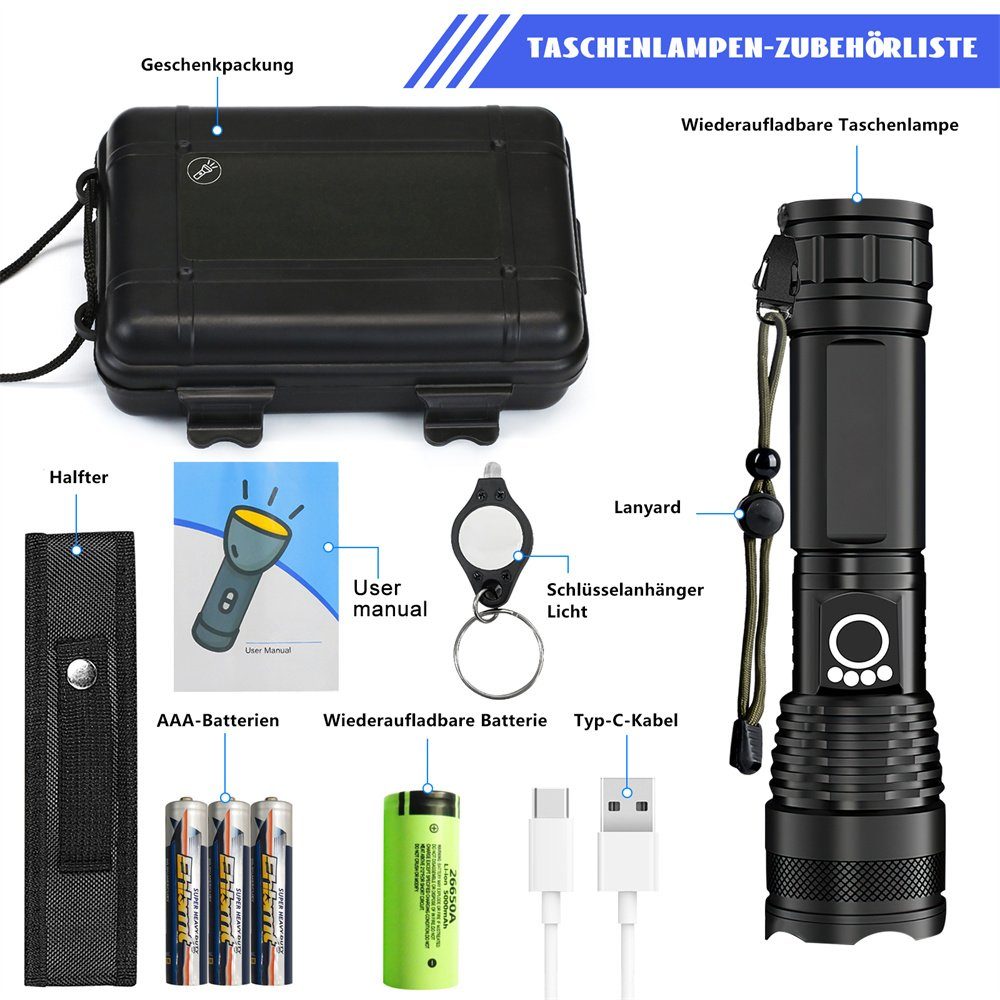 LED Camping Aufladbar Wasserdichte 5 Lichtmodi Akku Tragbarer Taktische Flashlight (1-St), Outdoor IPX6 5000 für Lumen USB Taschenlampe MDHAND