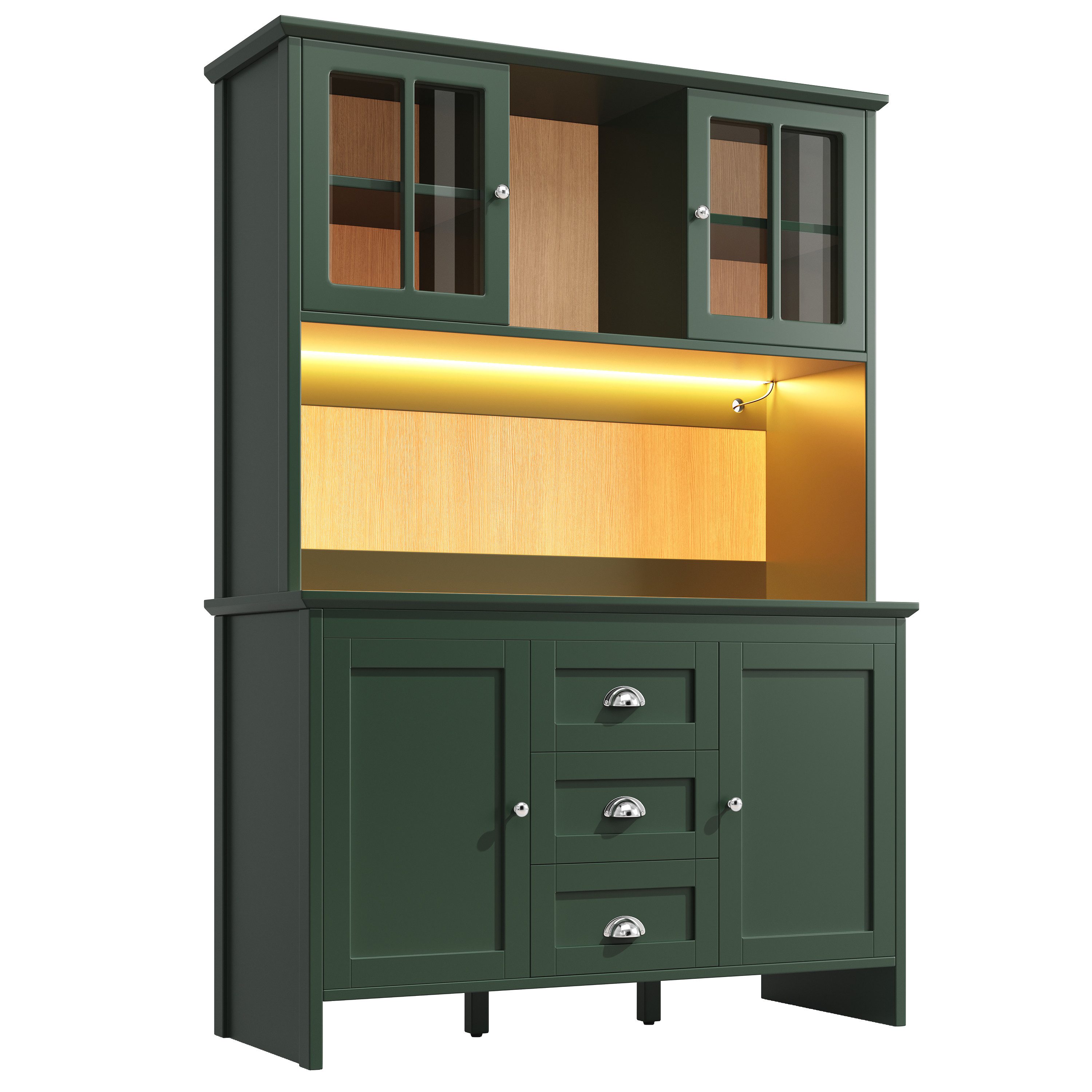 Flieks Küchenbuffet mit LED-Beleuchtung, Schubladen und Glastüren in Retro-Stil (1-St., B120/T40/H179 cm) Hochschrank Küchenschrank Geschirrschrank mit verstellbare Ablagen