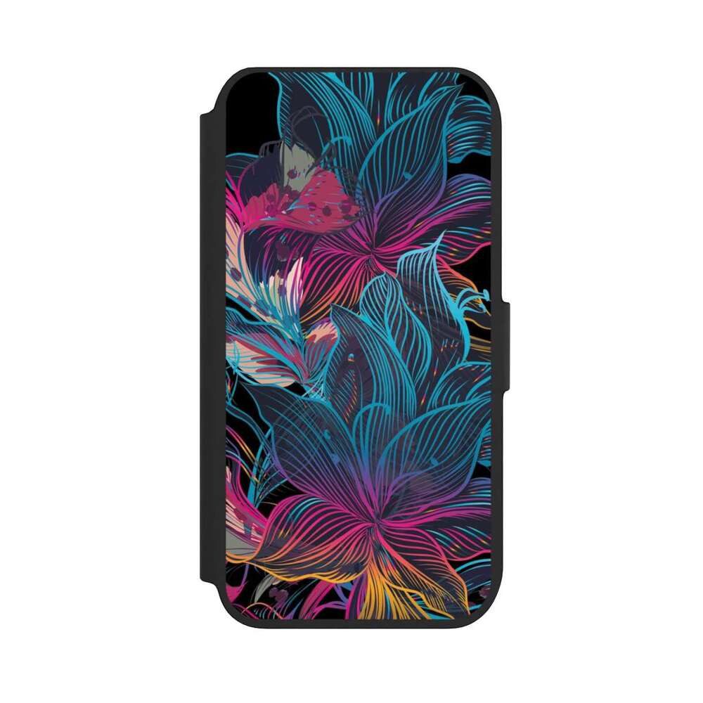 NIVOCASE Handyhülle Neon Blumen bunt Neon Flower Power, Apple iPhone 8 Klapphülle Handyhülle aus Kunst Leder NIVOflip schwarz