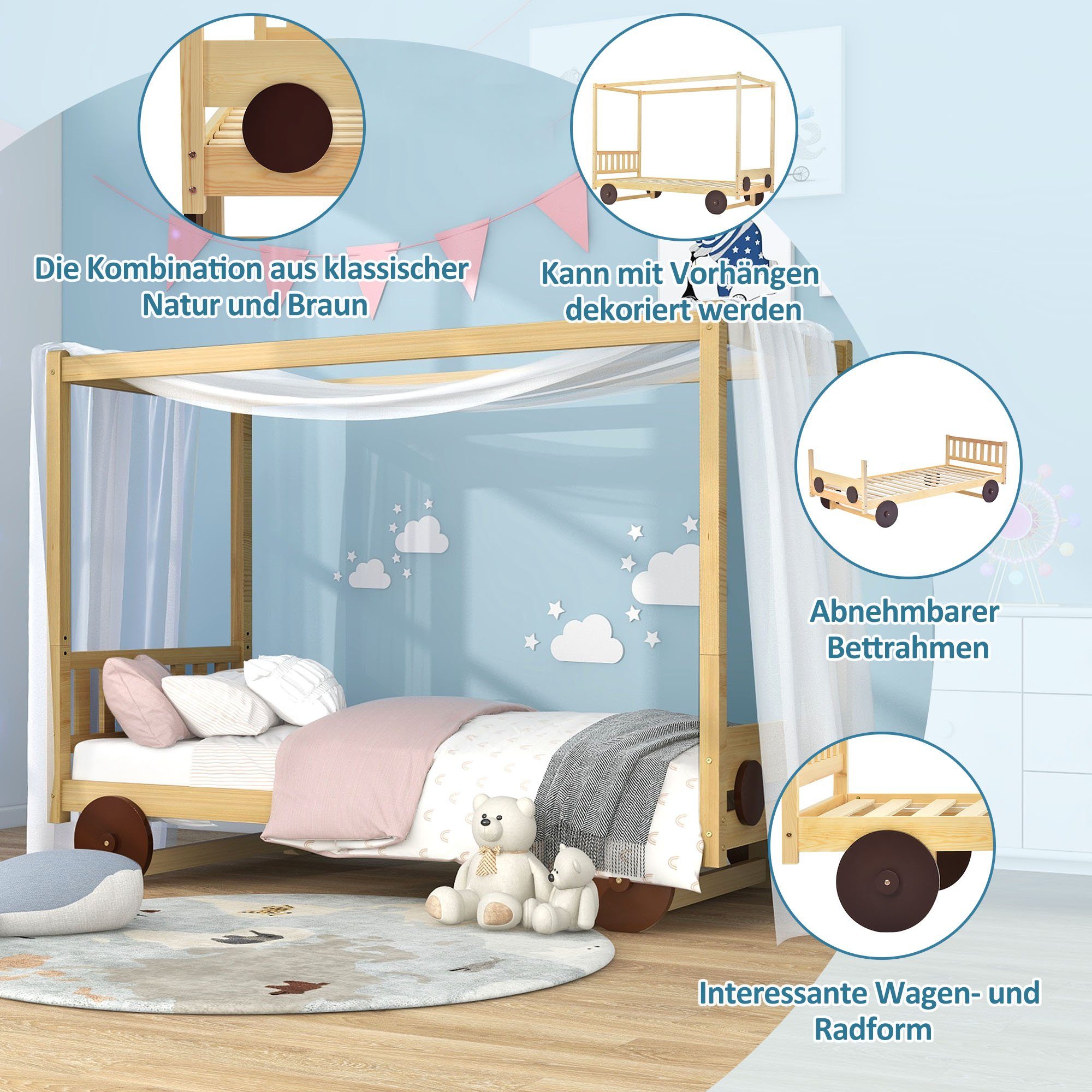 Kinderbett (mit MDF-Rädern und abnehmbare Rahmen), Einzelbett mit Lattenrost, massivem Kiefernholz, 90x200