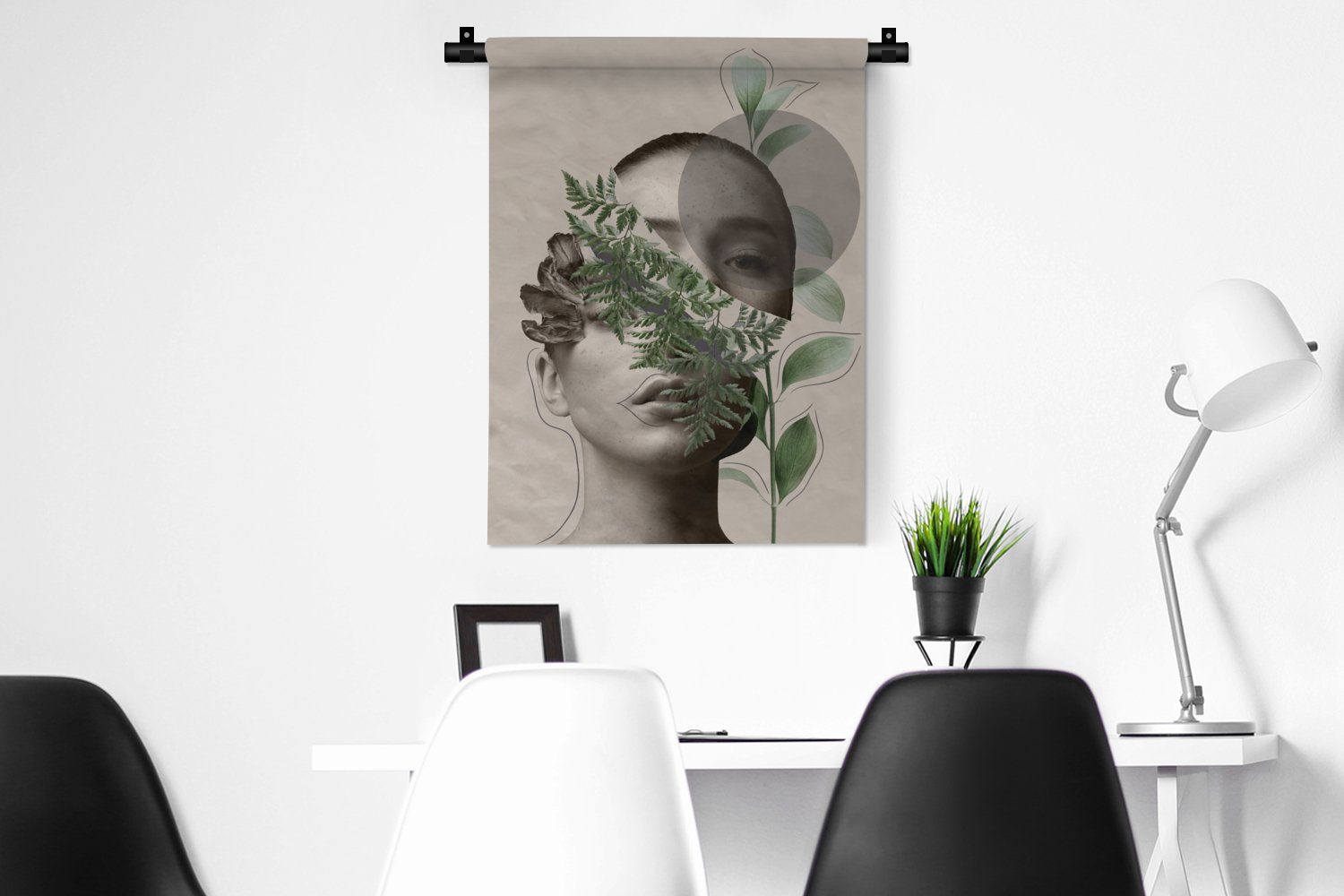 an - Deko Wanddekoobjekt Pflanzen Frau - für Wohnzimmer, Schlafzimmer - Tapisserie, Grün, Wand, MuchoWow Abstrakt der